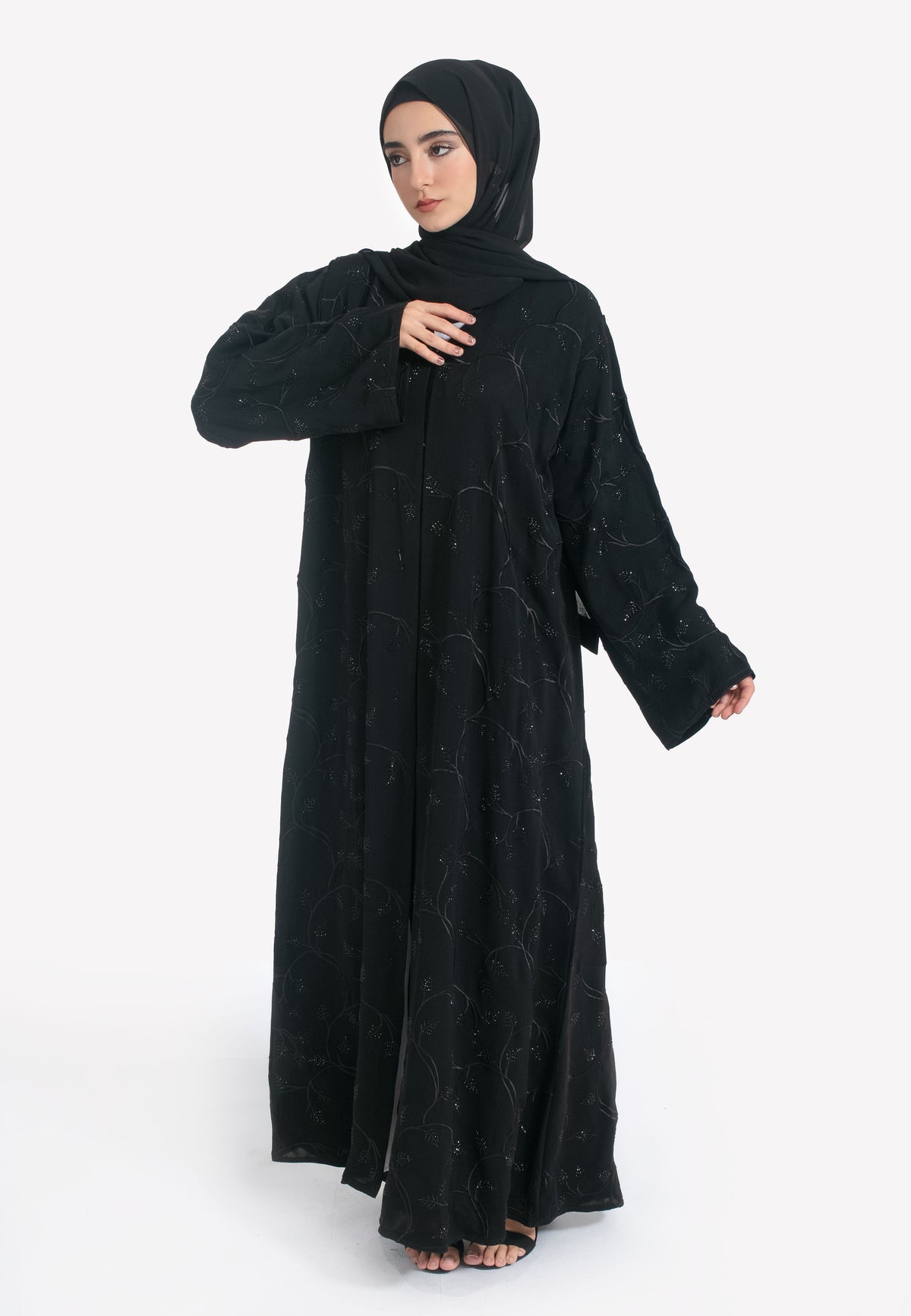 Black Foliage Embroidered Abaya - Front Closed