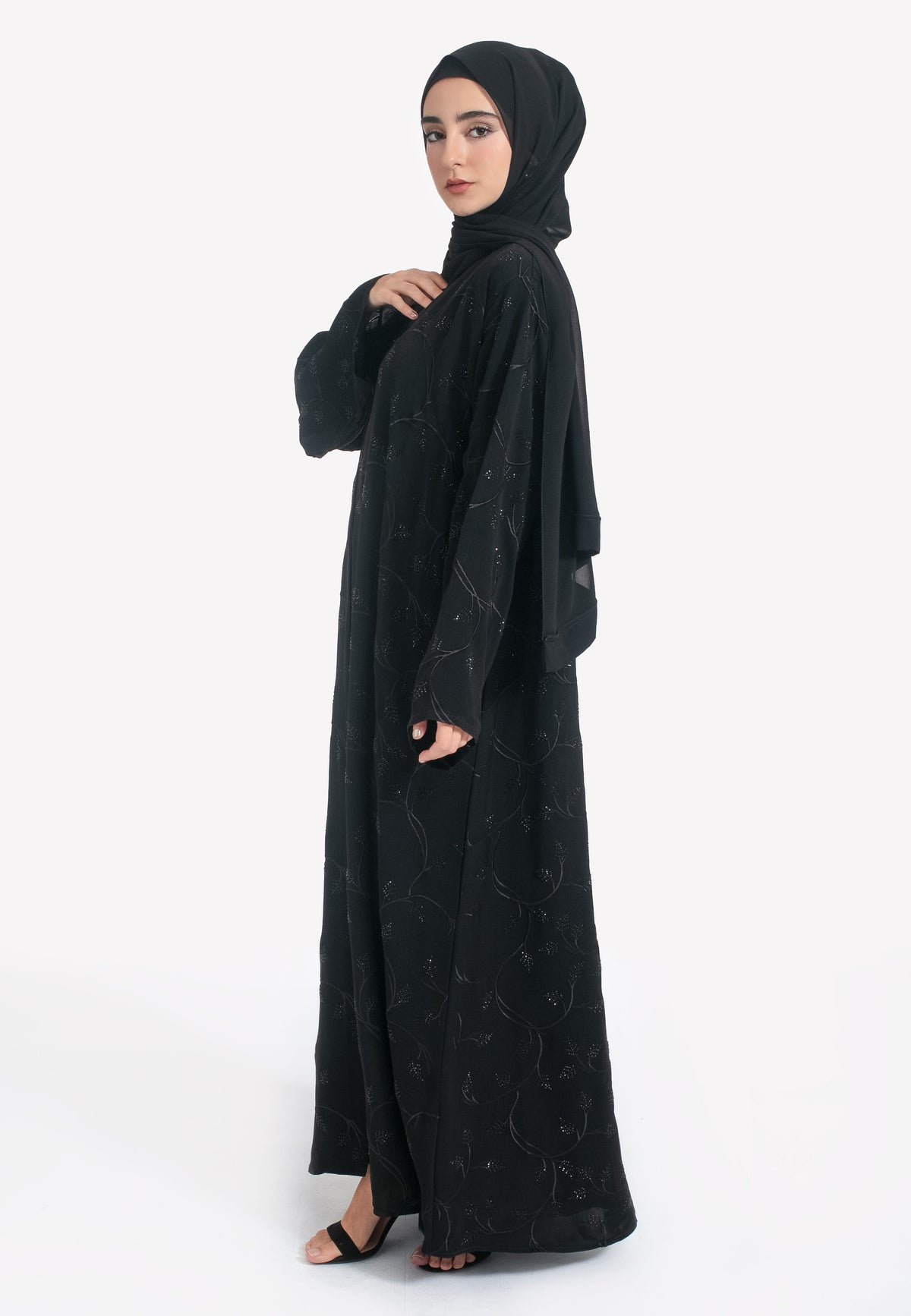 Black Foliage Embroidered Abaya - Side