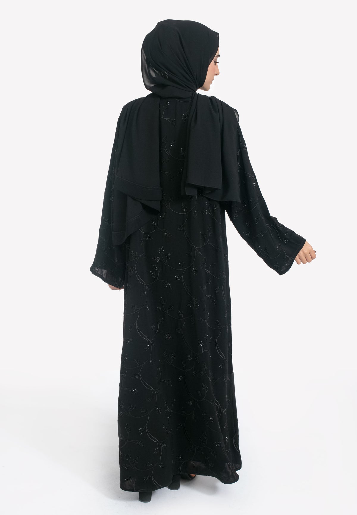 Black Foliage Embroidered Abaya - Back