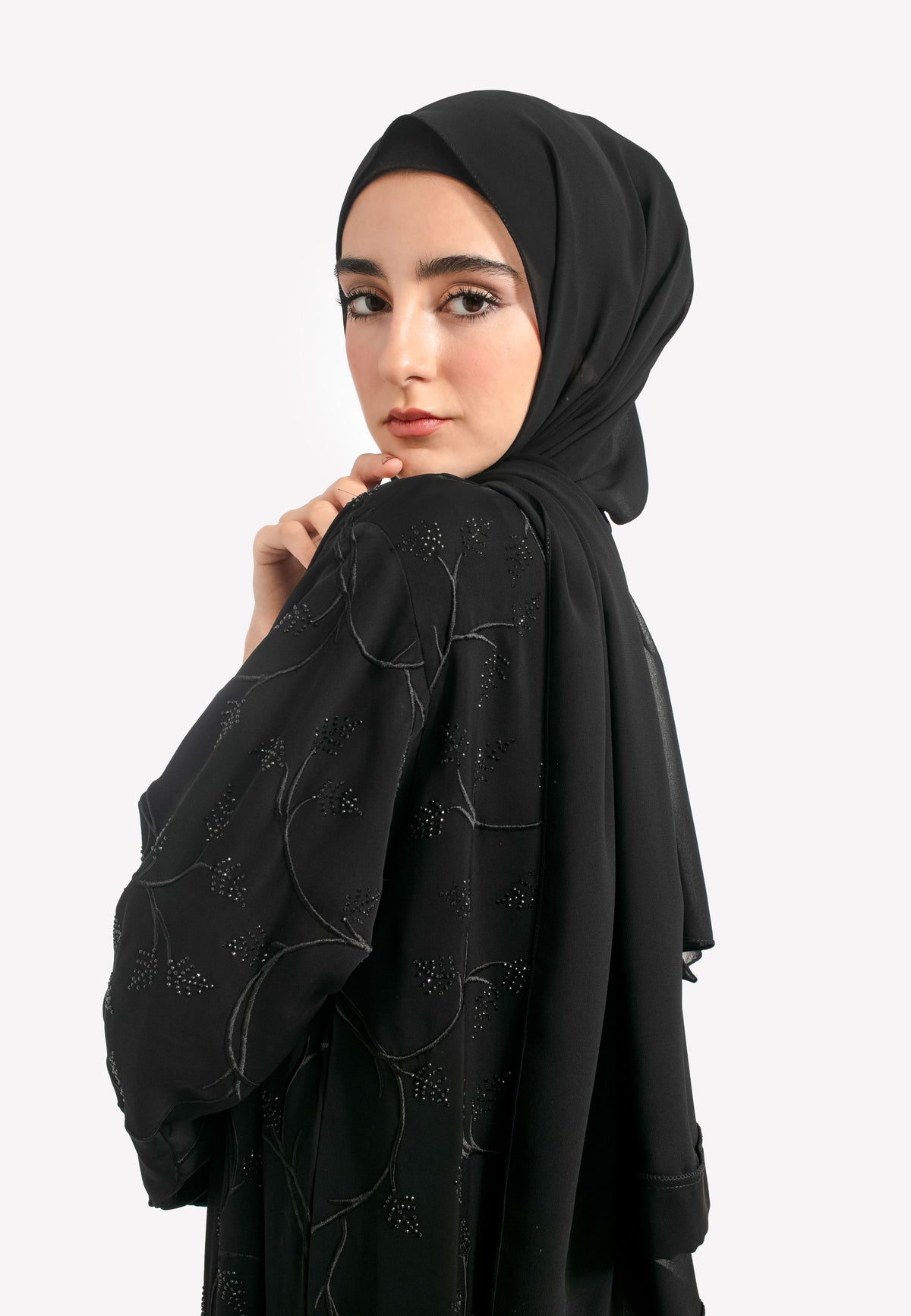Details of Black Foliage Embroidery on Abaya