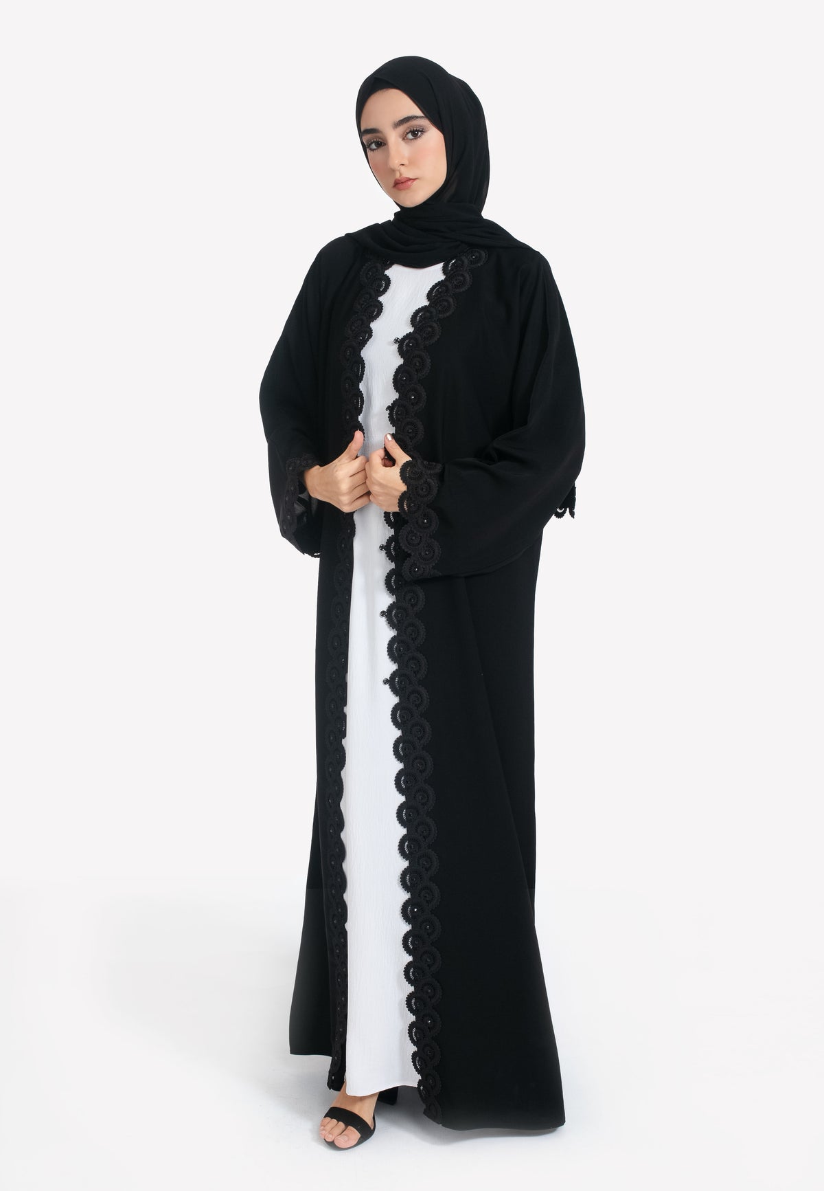 Black Abaya with Lace Trim and Snap Buttons