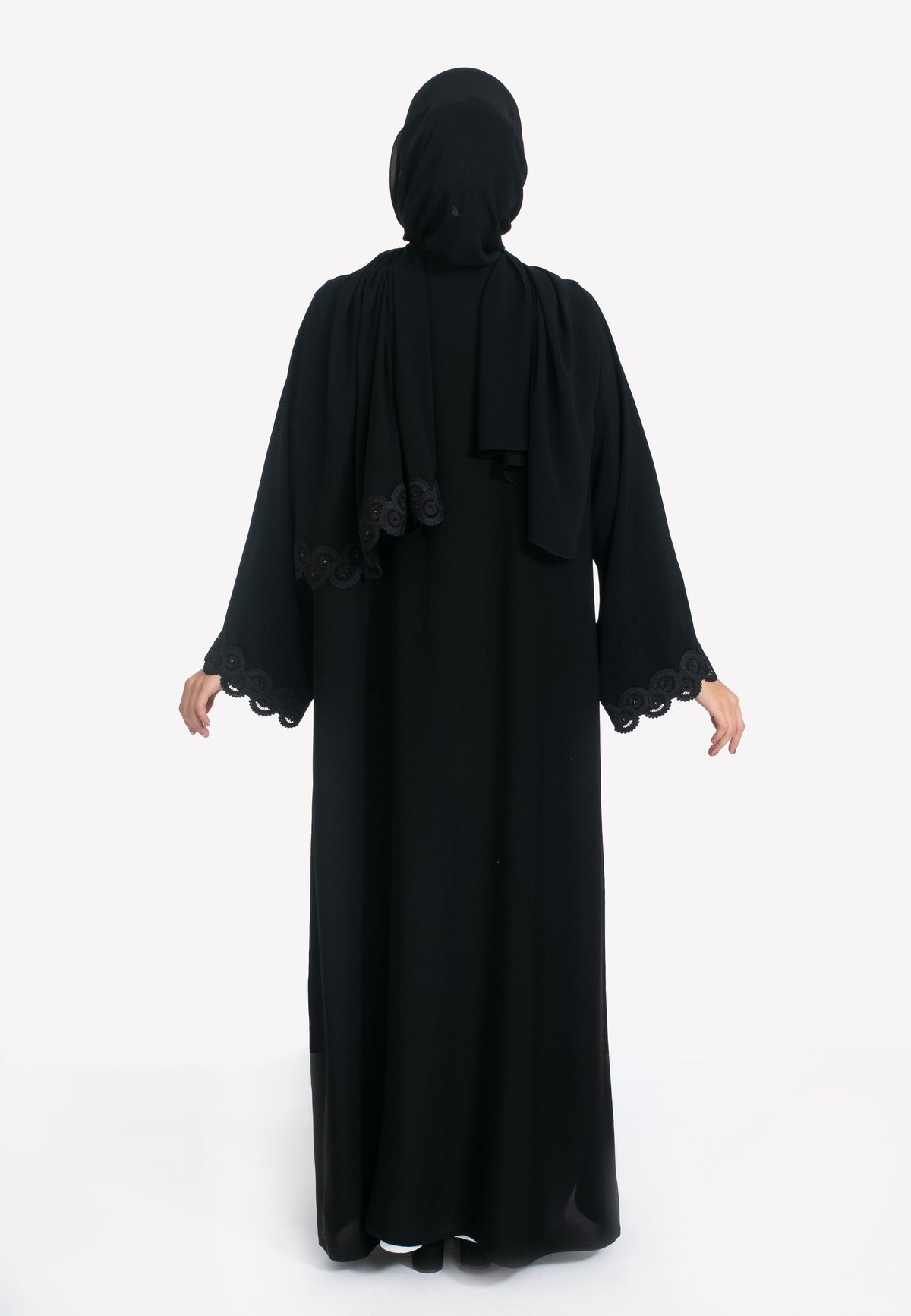 Black Abaya with Lace Trim - Back