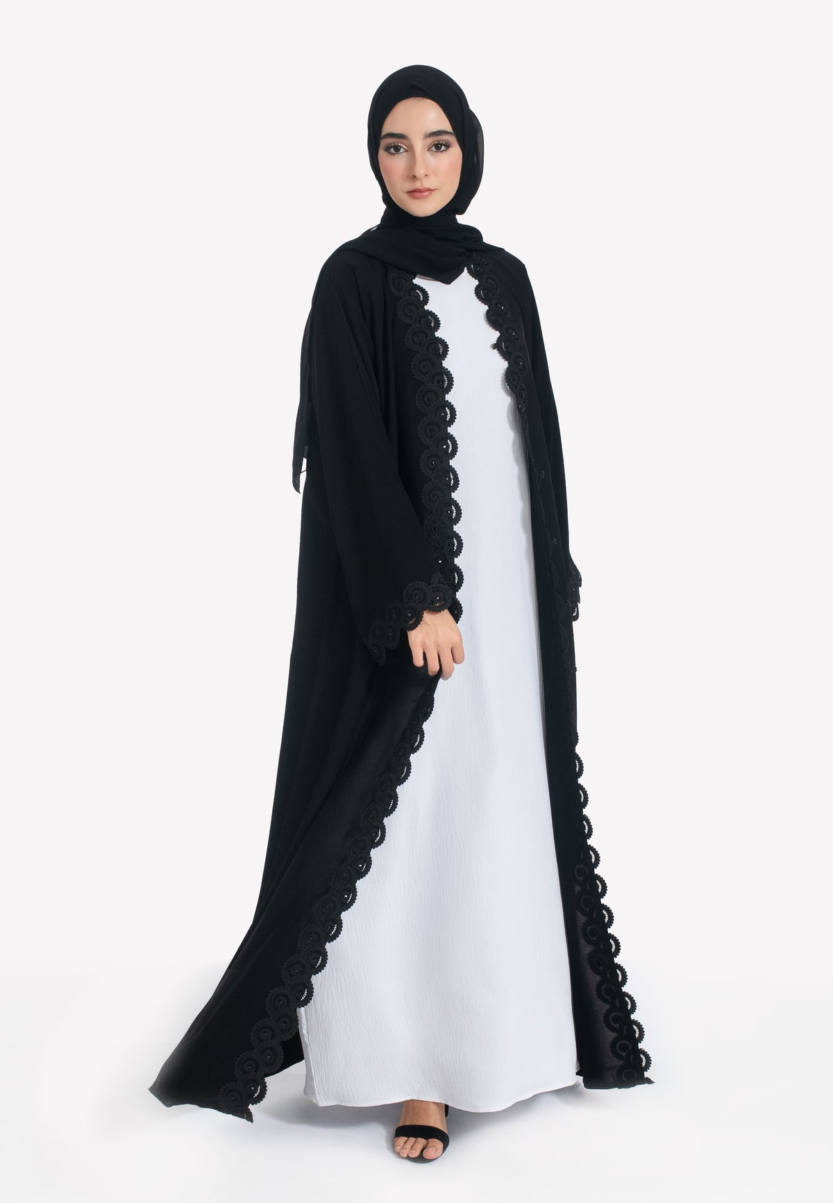 Black Abaya with Lace Trim and Snap Buttons
