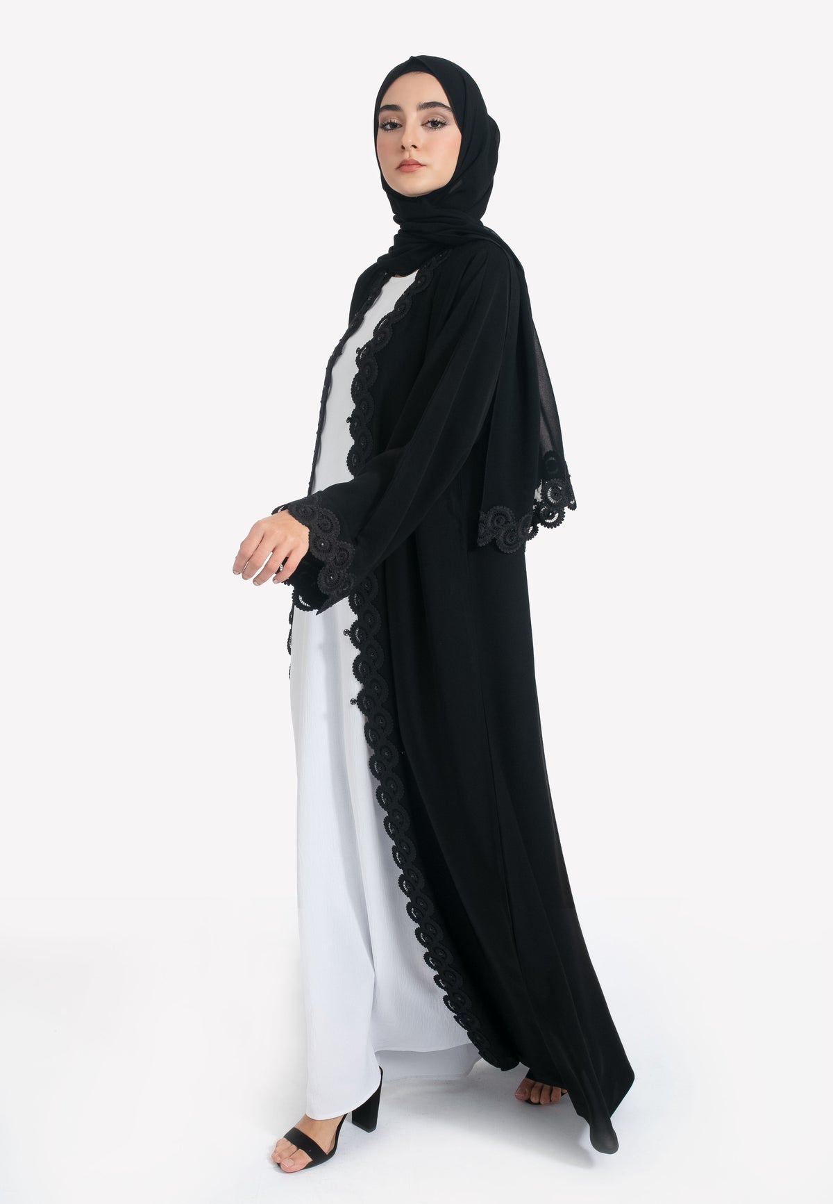 Black Abaya with Lace Trim - Side