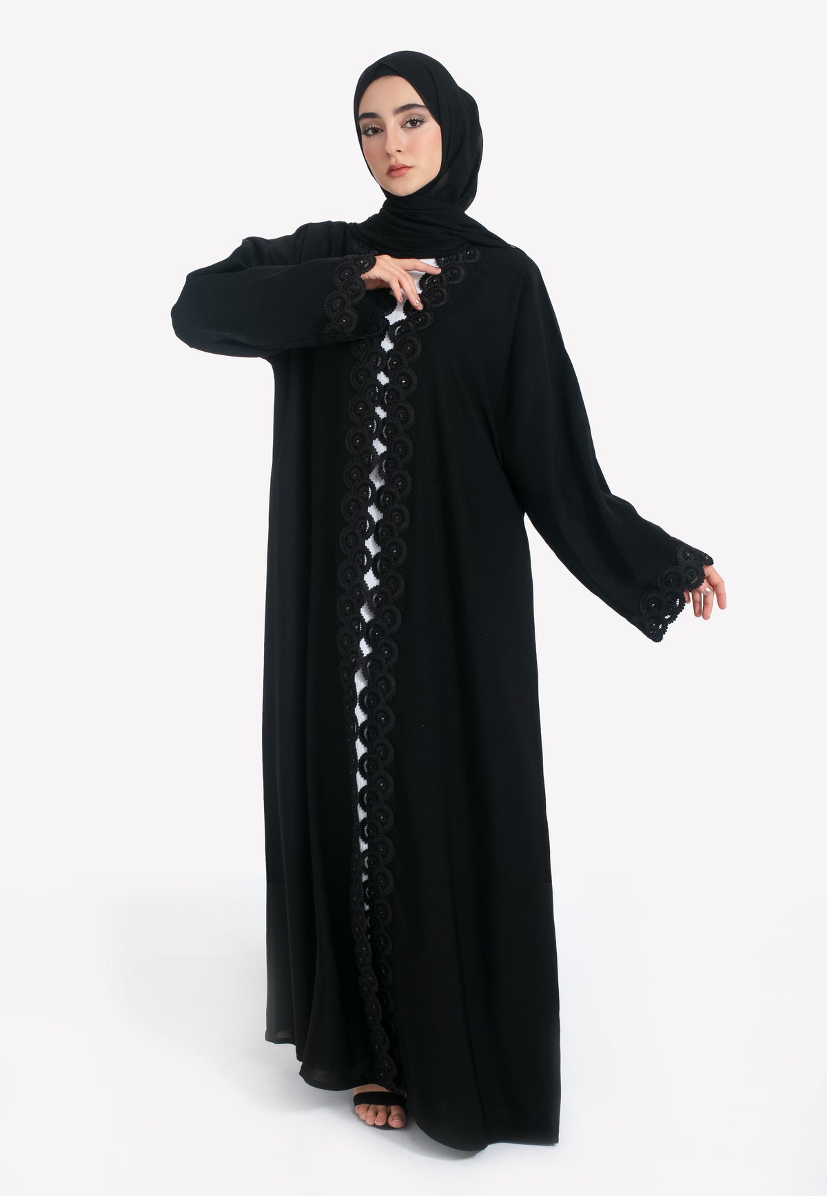 Black Abaya with Lace Trim - Front