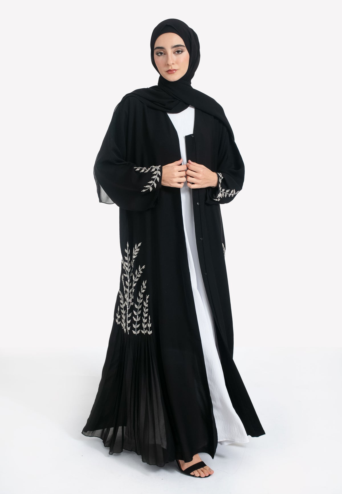 Black Embellished Abaya with Pleats