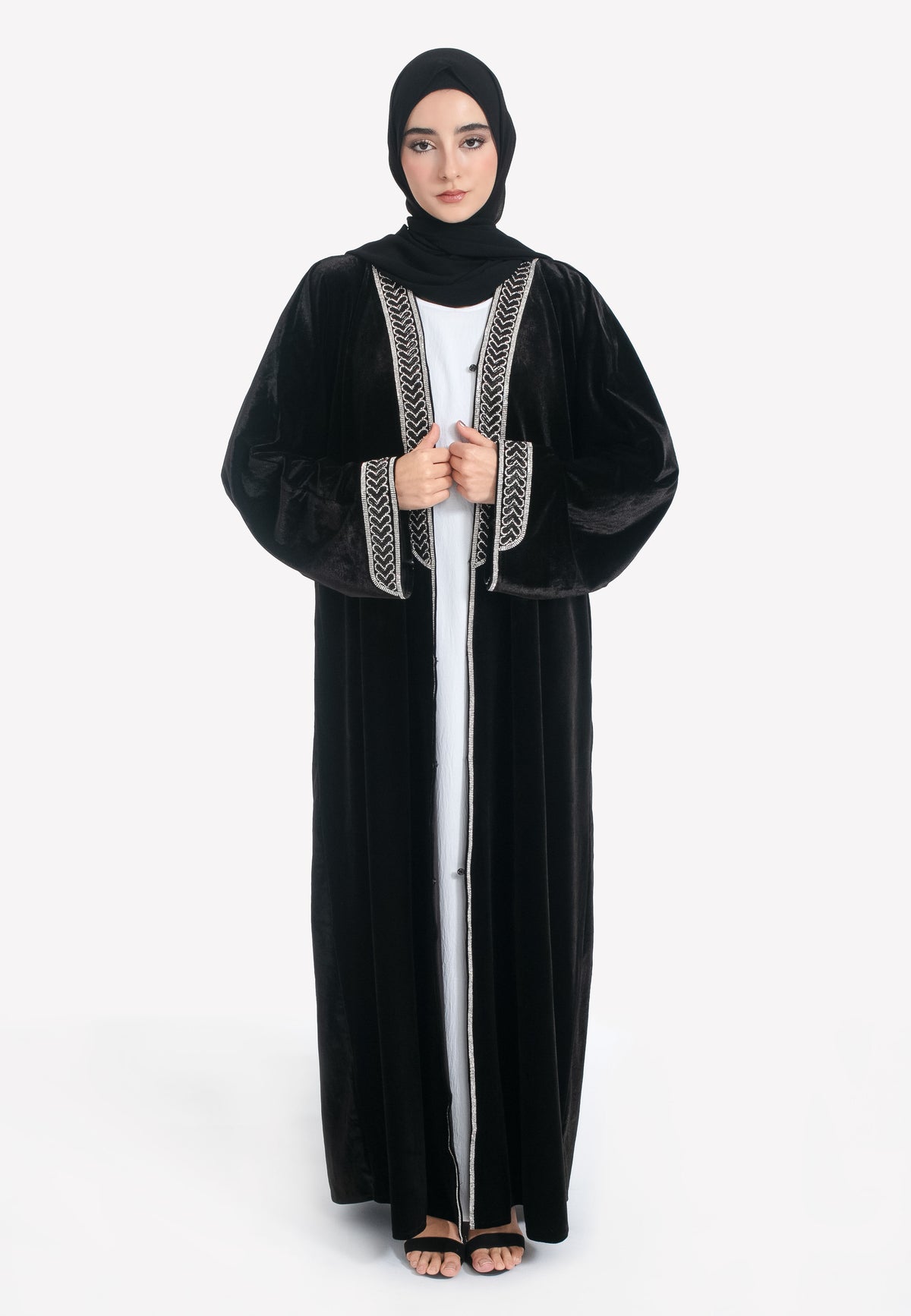 Black Velvet Open Abaya - Front