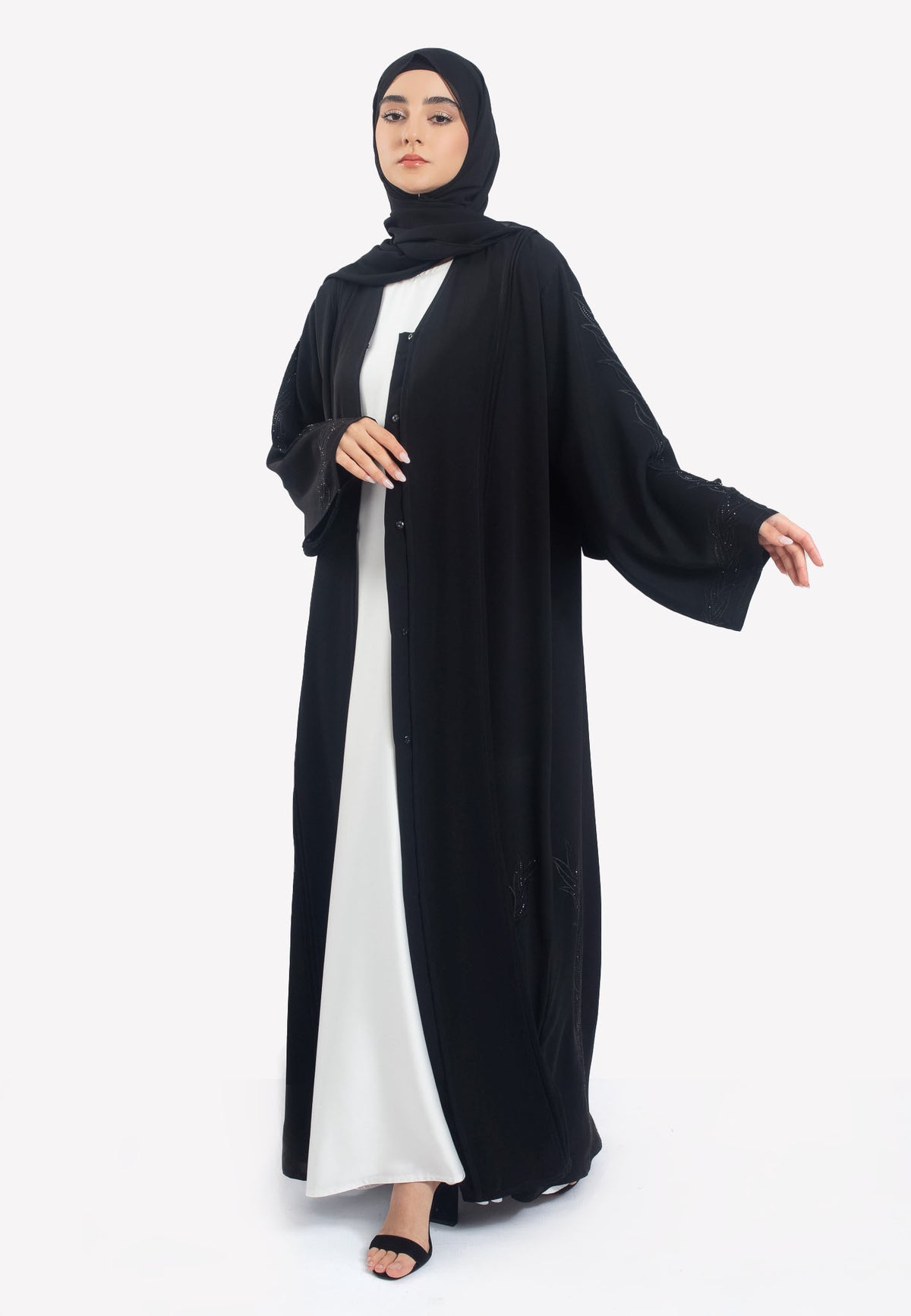 Black Vine Embroidered Open Abaya