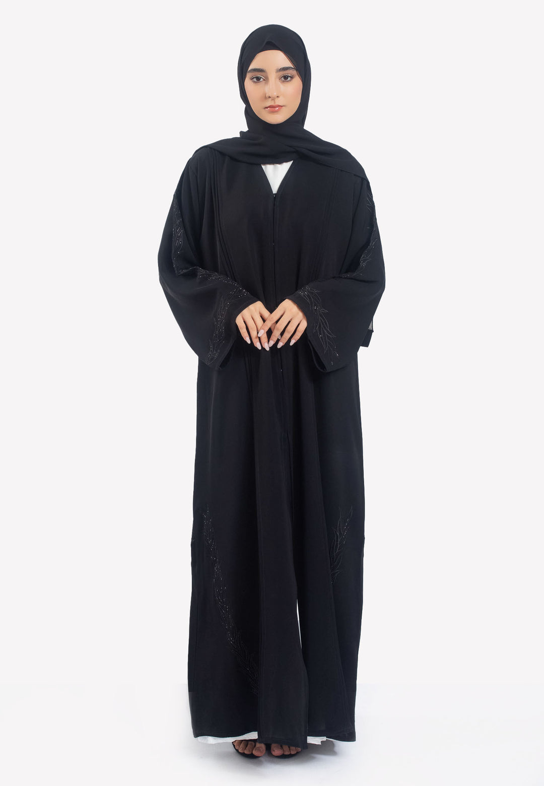 Black Vine Embroidered Open Abaya