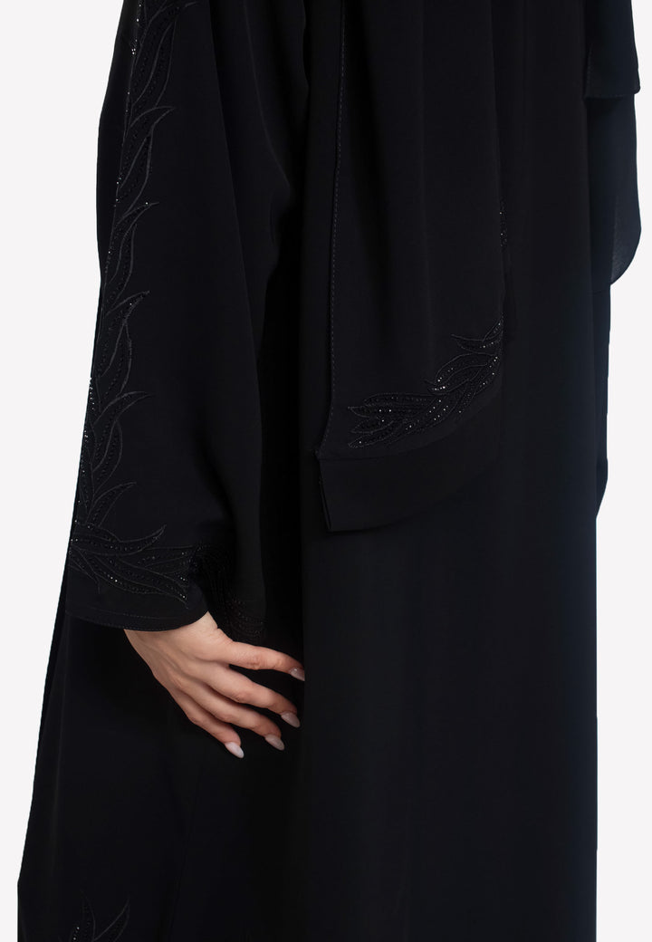 Black Vine Embroidered Open Abaya