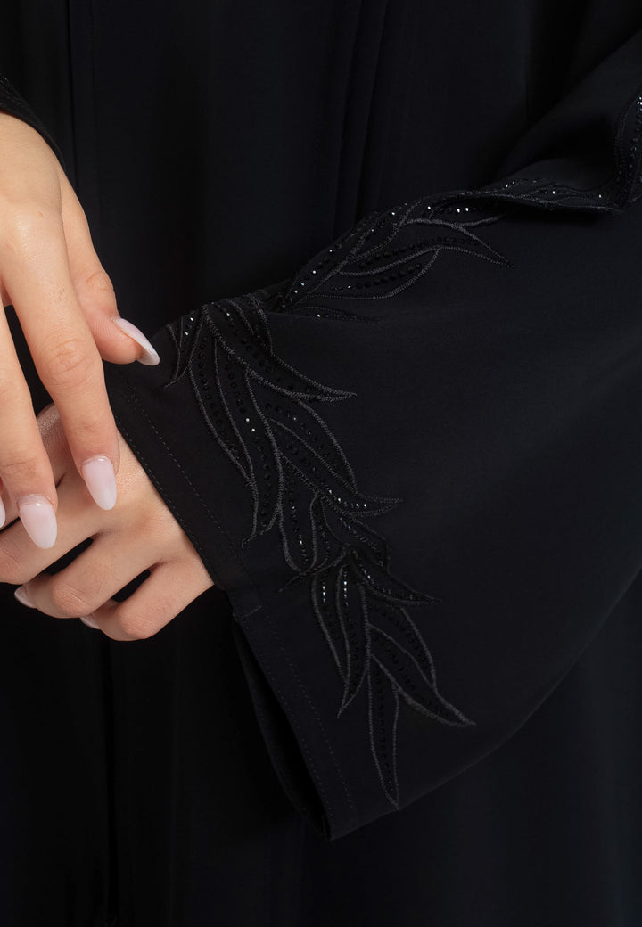 Black Vine Embroidered Open Abaya