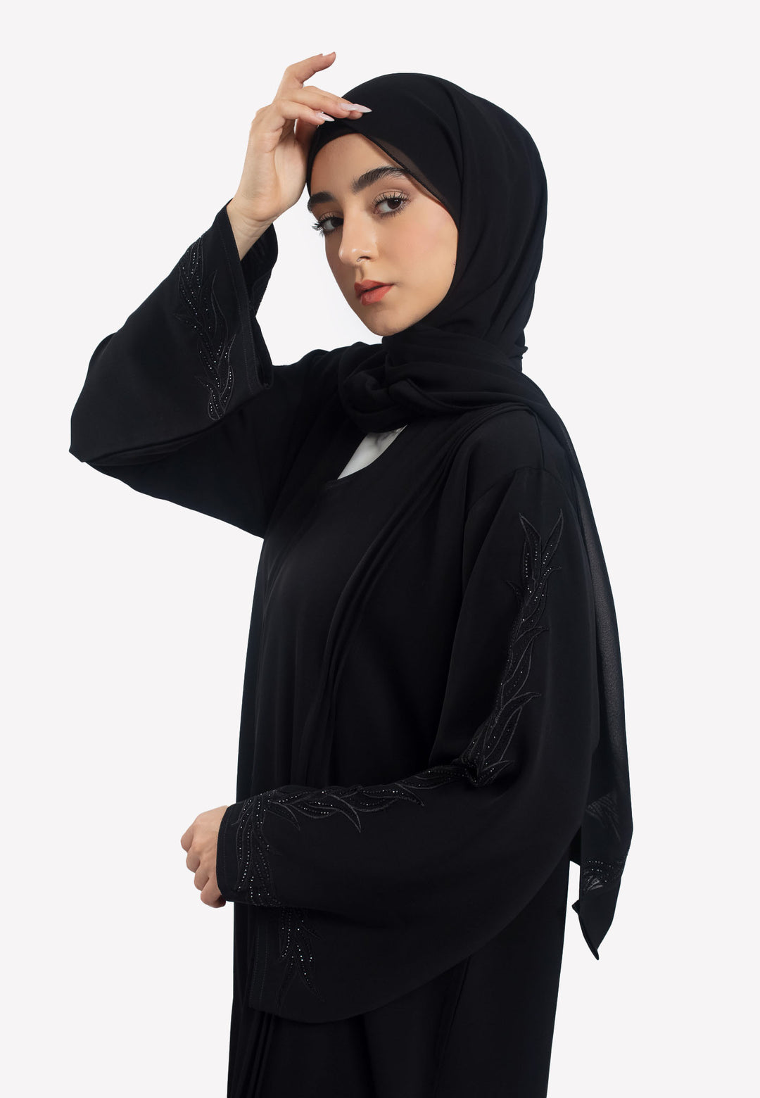 Black Vine Embroidered Open Abaya