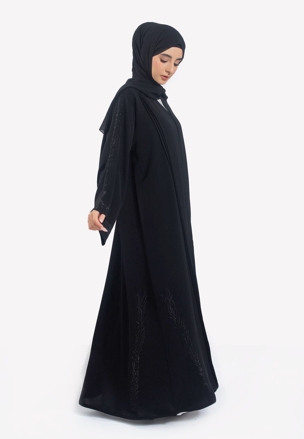 Black Vine Embroidered Open Abaya