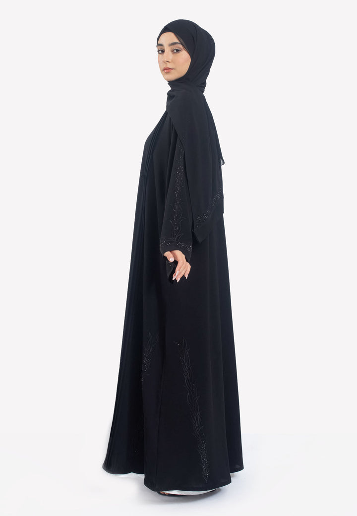 Black Vine Embroidered Open Abaya