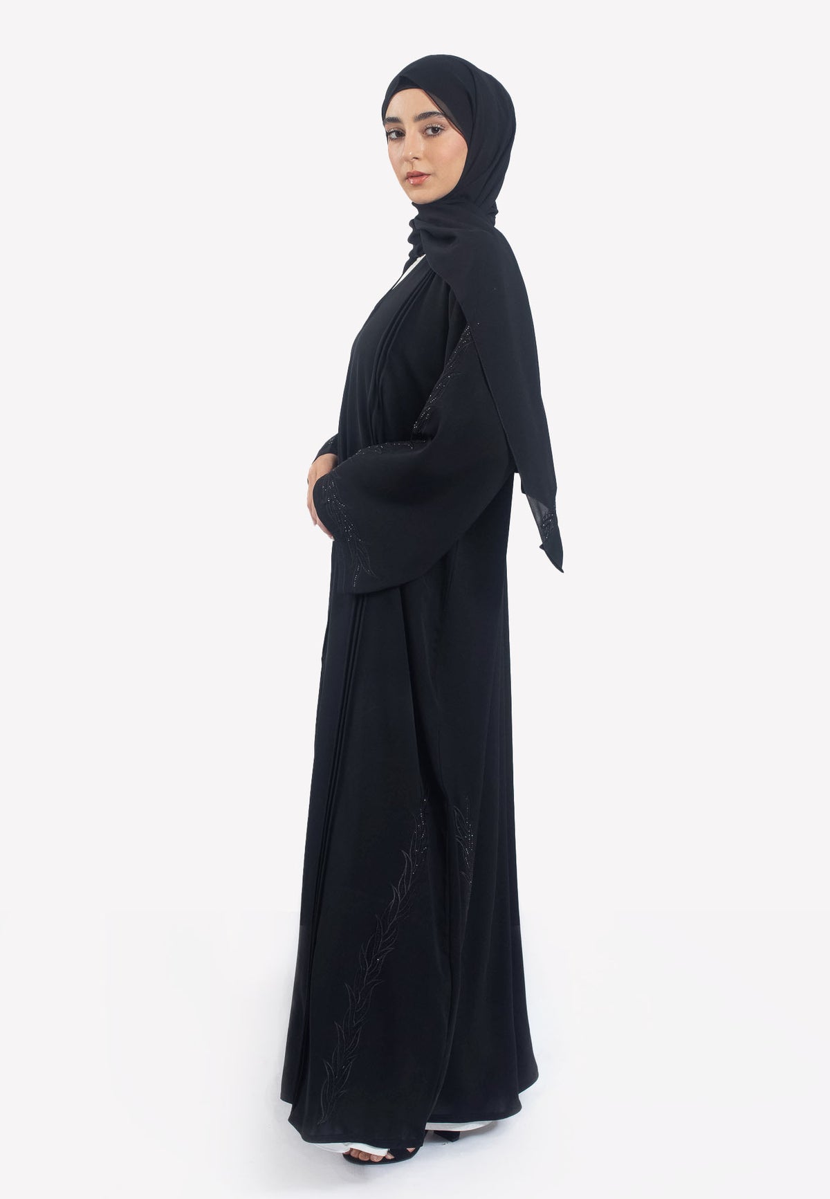 Black Vine Embroidered Open Abaya