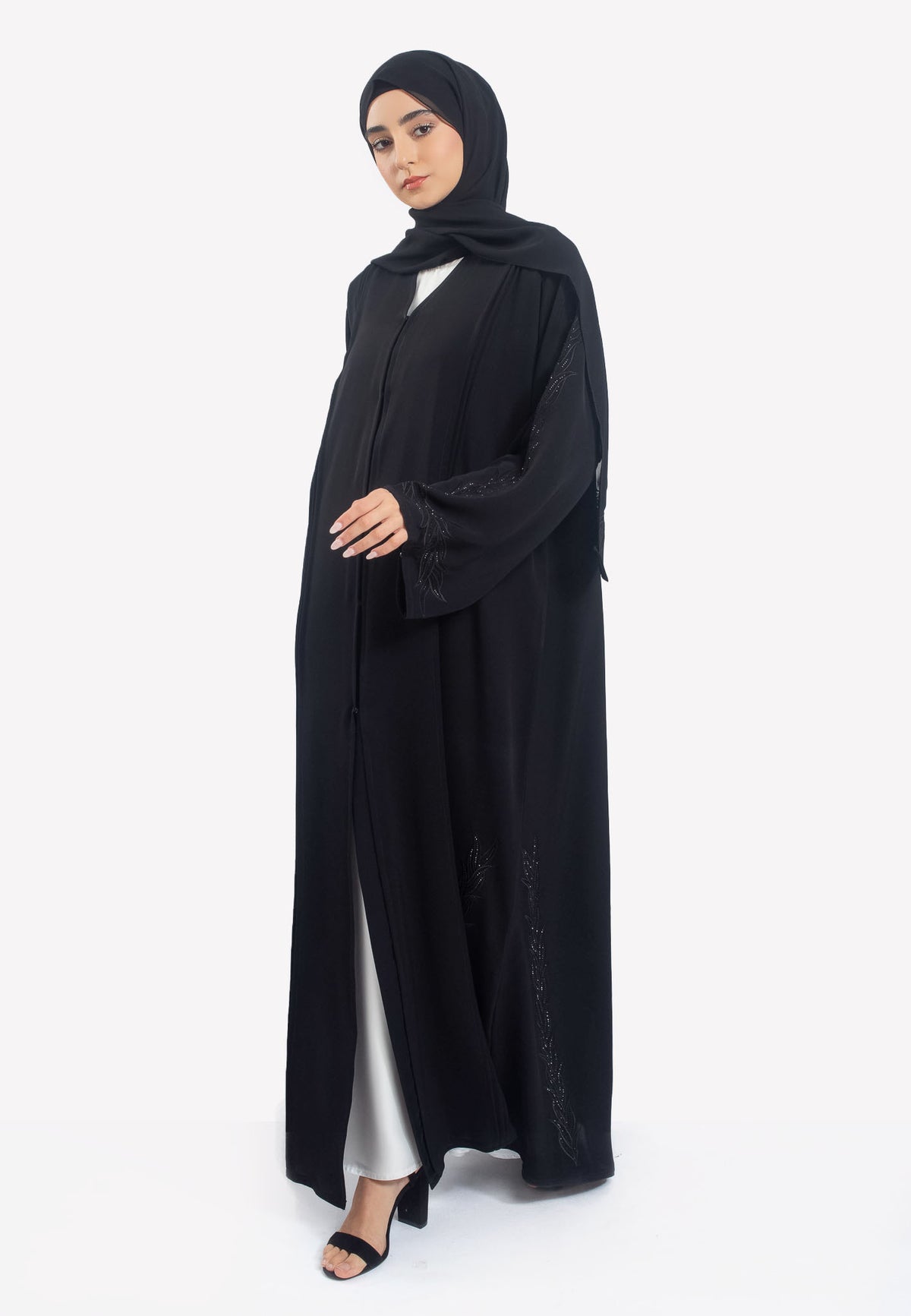 Black Vine Embroidered Open Abaya