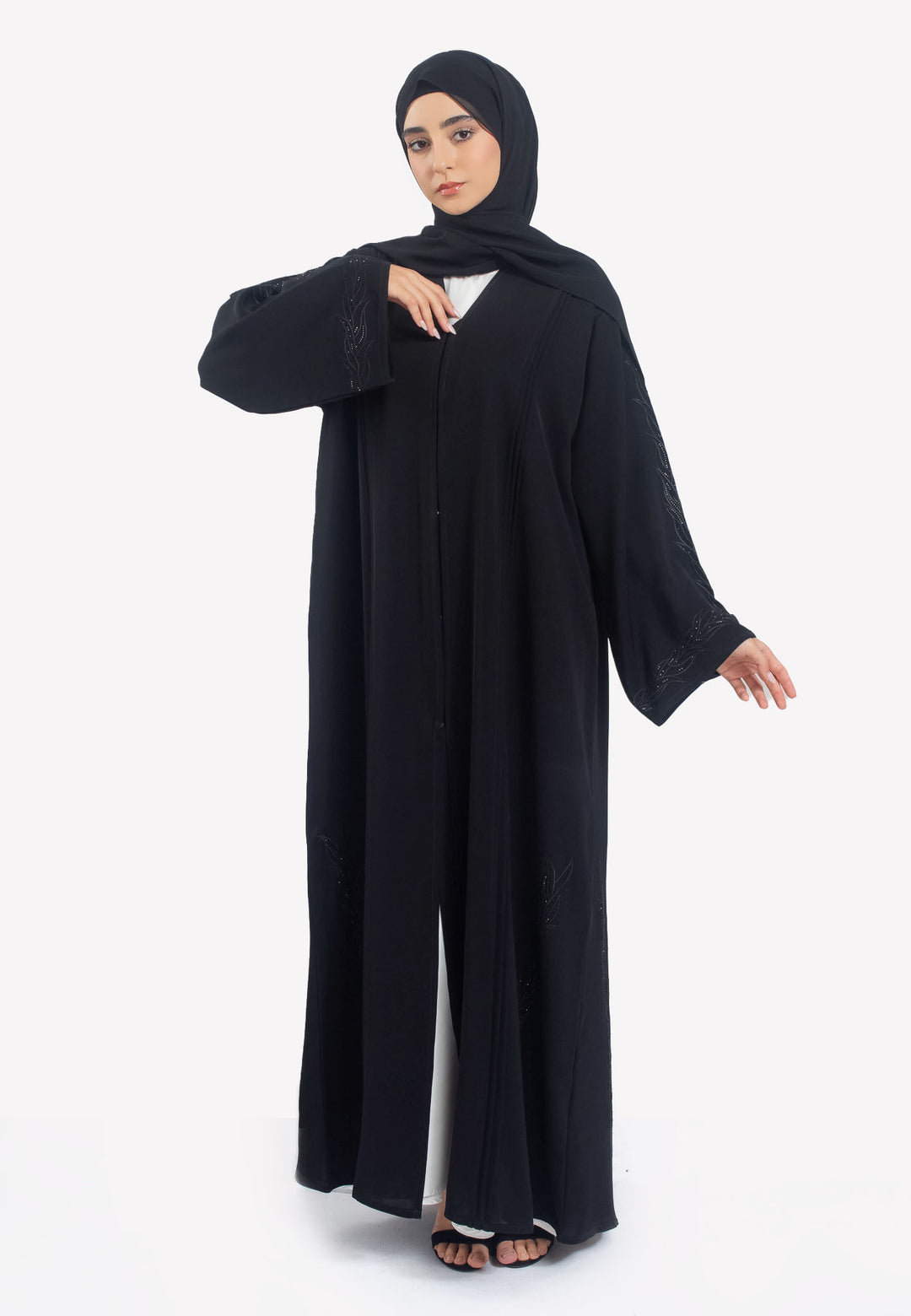 Black Vine Embroidered Open Abaya