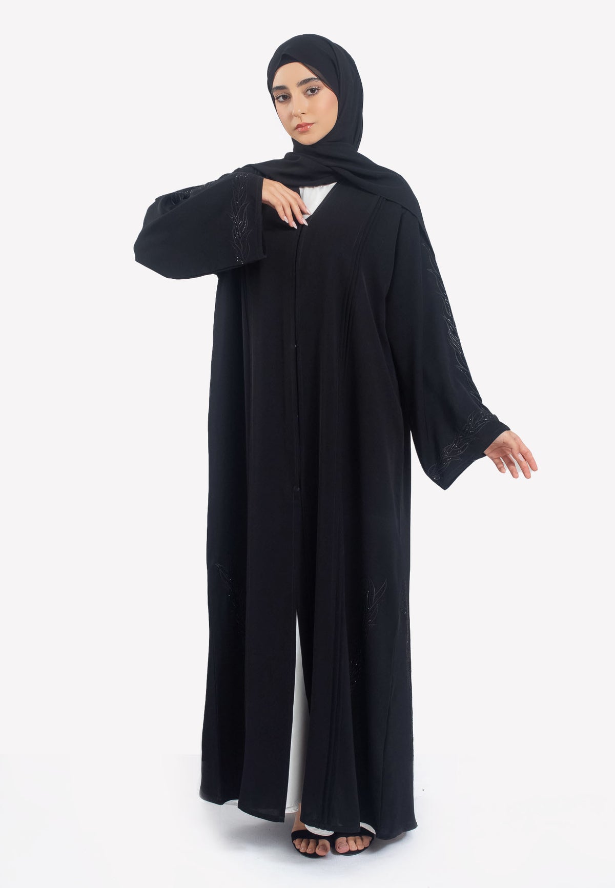 Black Vine Embroidered Open Abaya