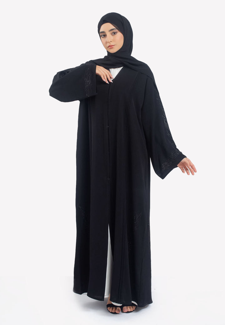 Black Vine Embroidered Open Abaya