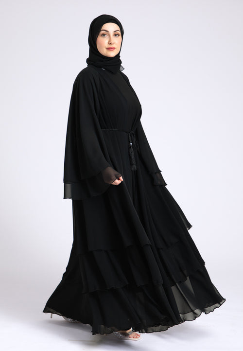 Black Chiffon 3 Layered Abaya With Inner Dress (Premium)