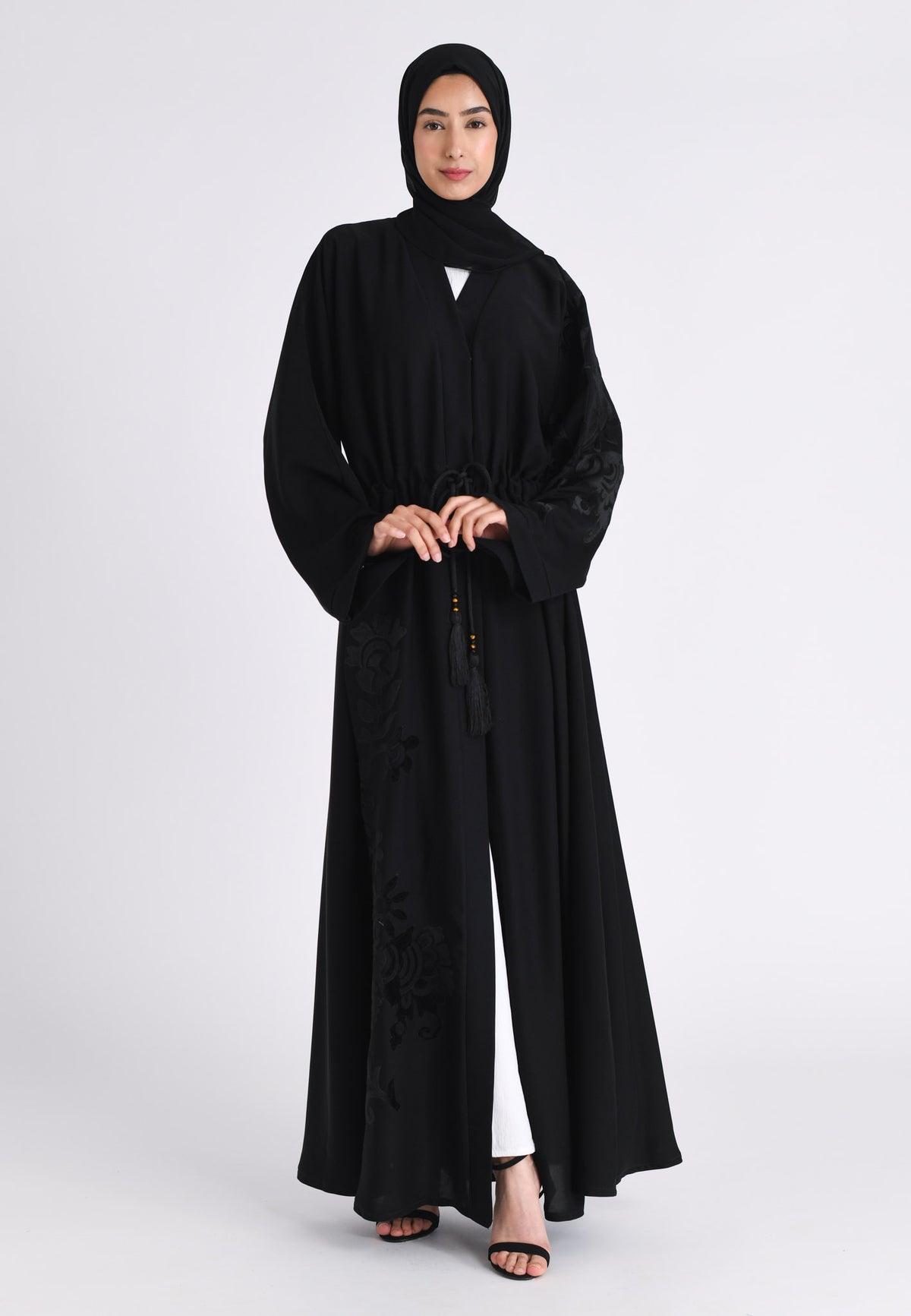 Black Intricate Velvet Motif Umbrella Cut Abaya
