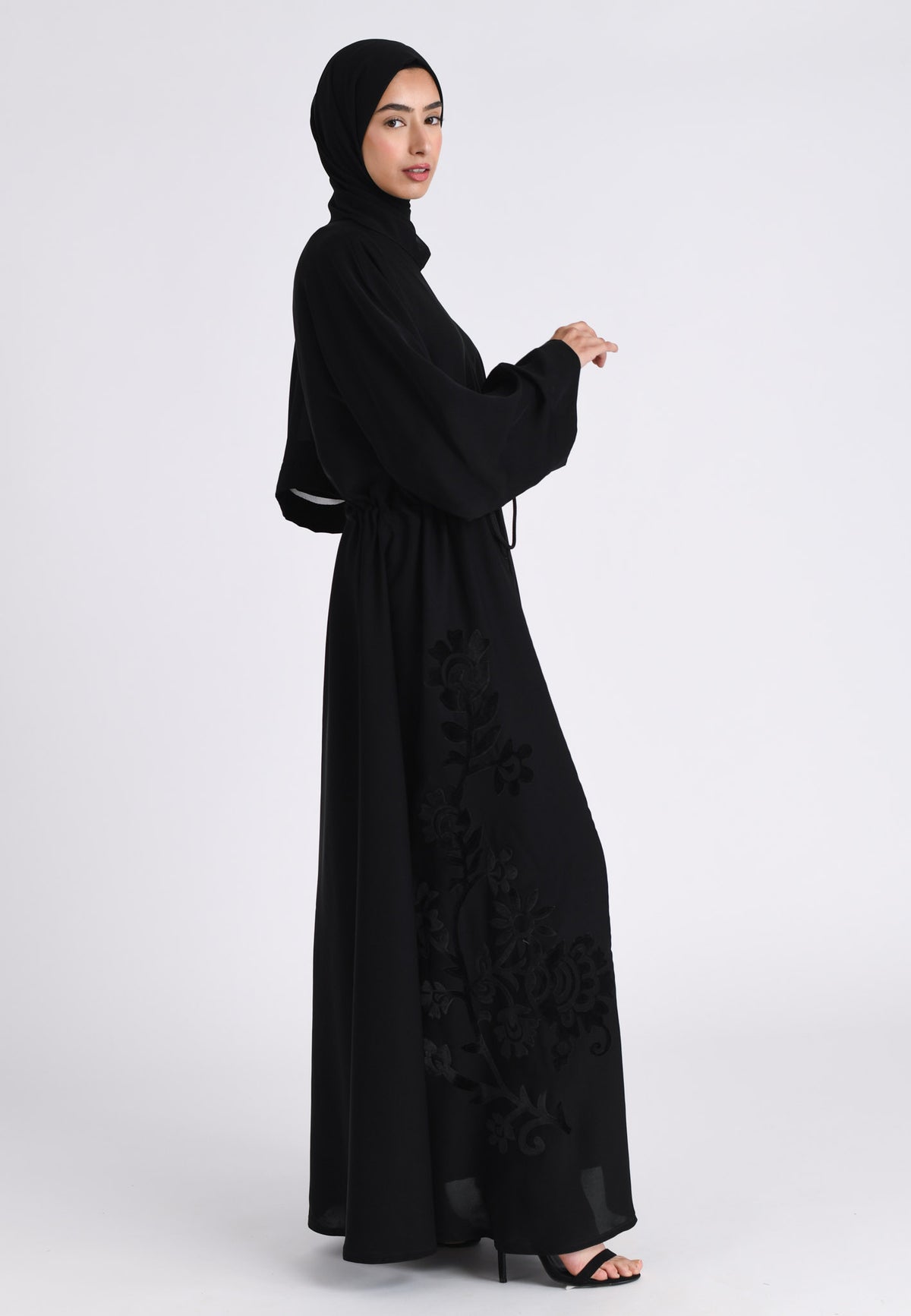 Black Intricate Velvet Motif Umbrella Cut Abaya