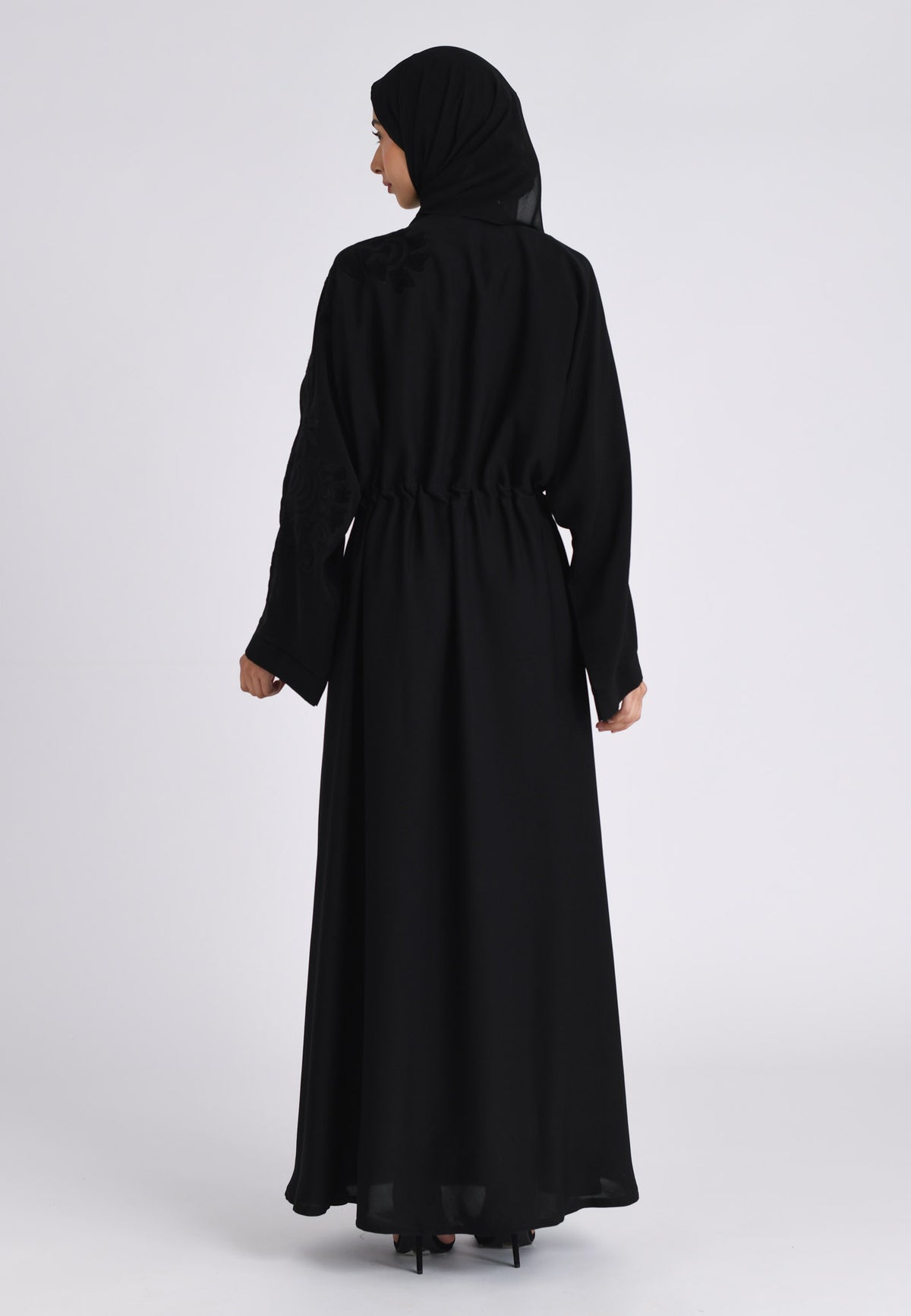 Black Intricate Velvet Motif Umbrella Cut Abaya