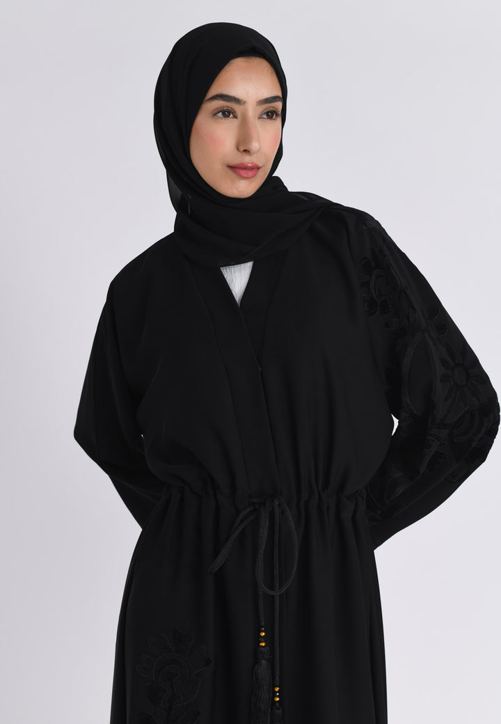 Black Intricate Velvet Motif Umbrella Cut Abaya