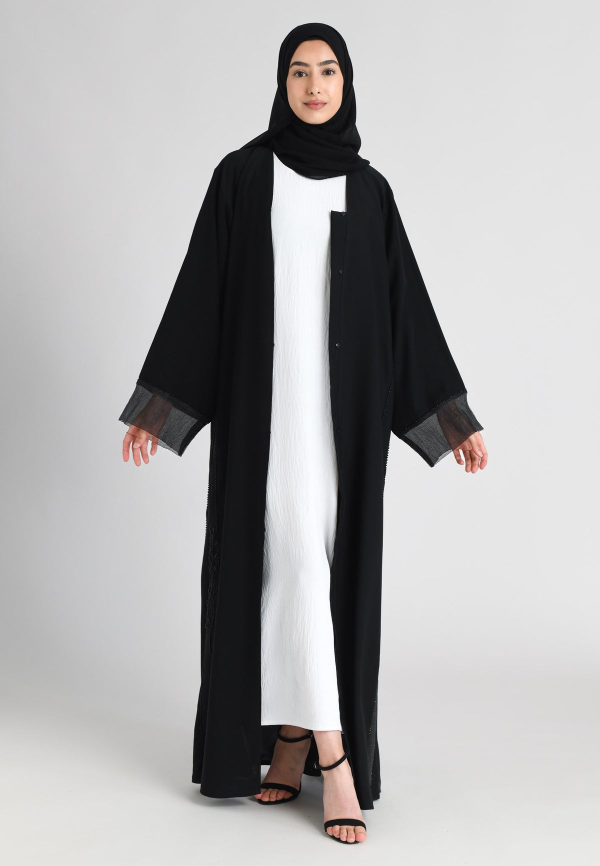 Black On Black Khaleeji Organza Accent Open Abaya