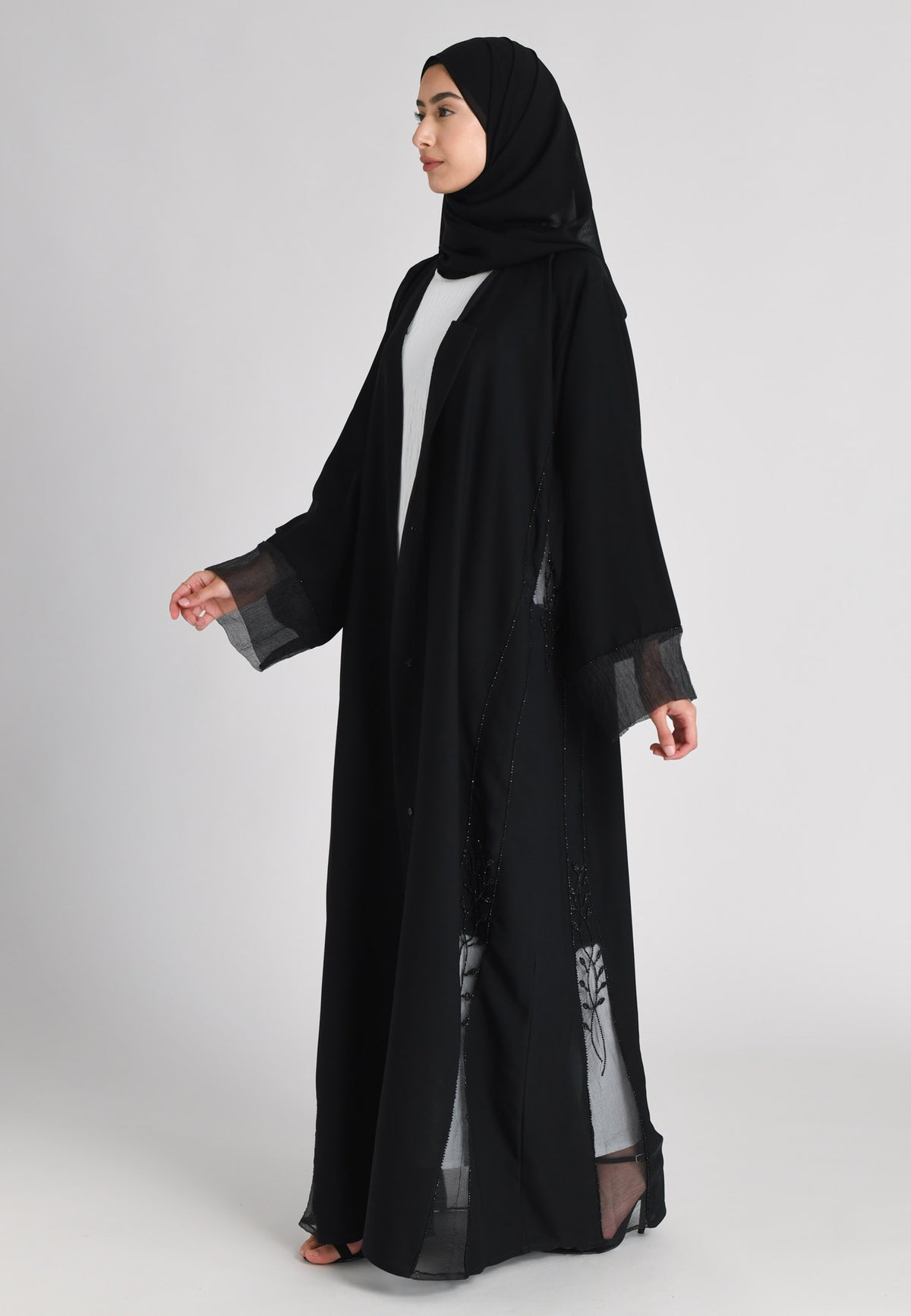 Black On Black Khaleeji Organza Accent Open Abaya