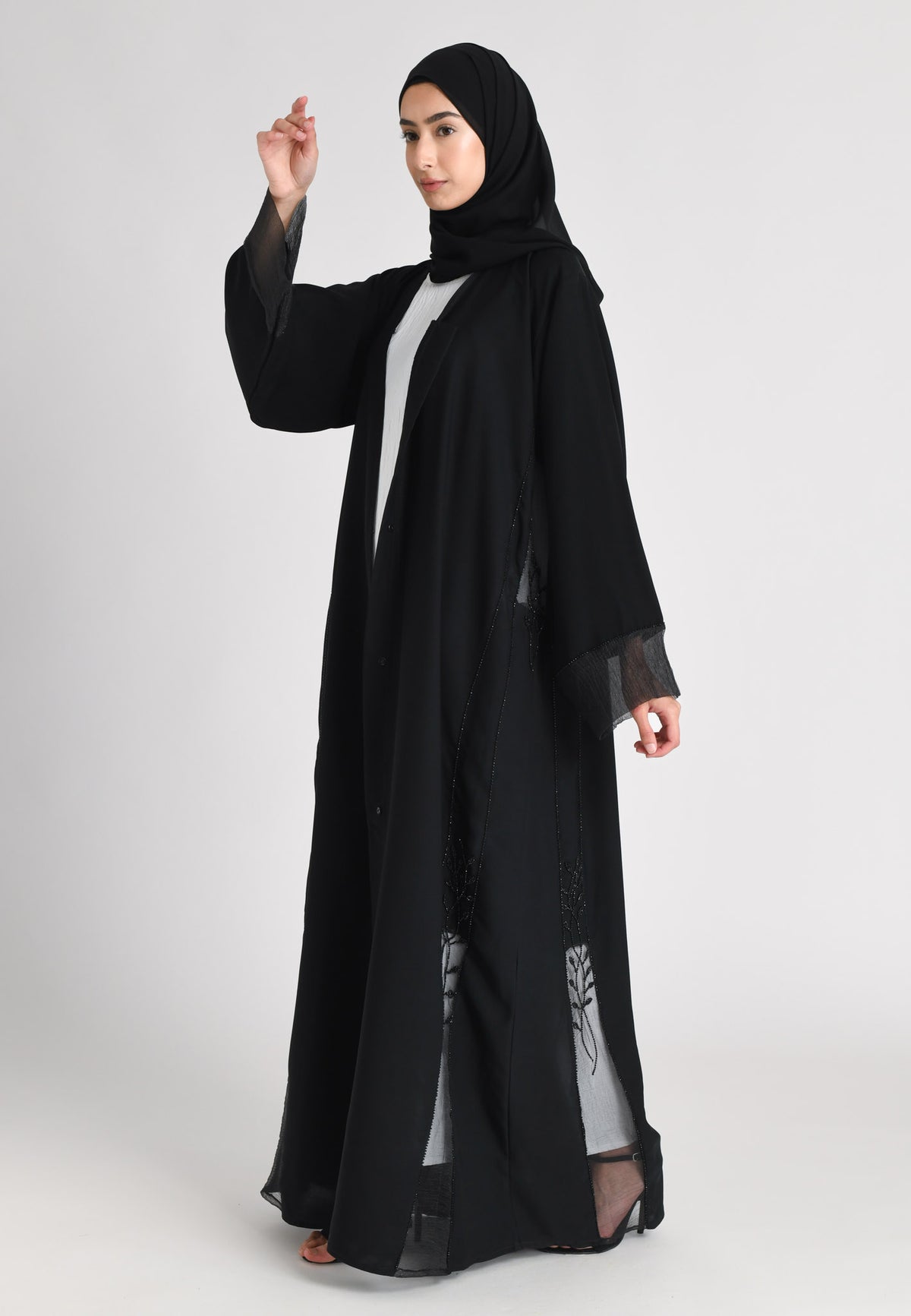 Black On Black Khaleeji Organza Accent Open Abaya