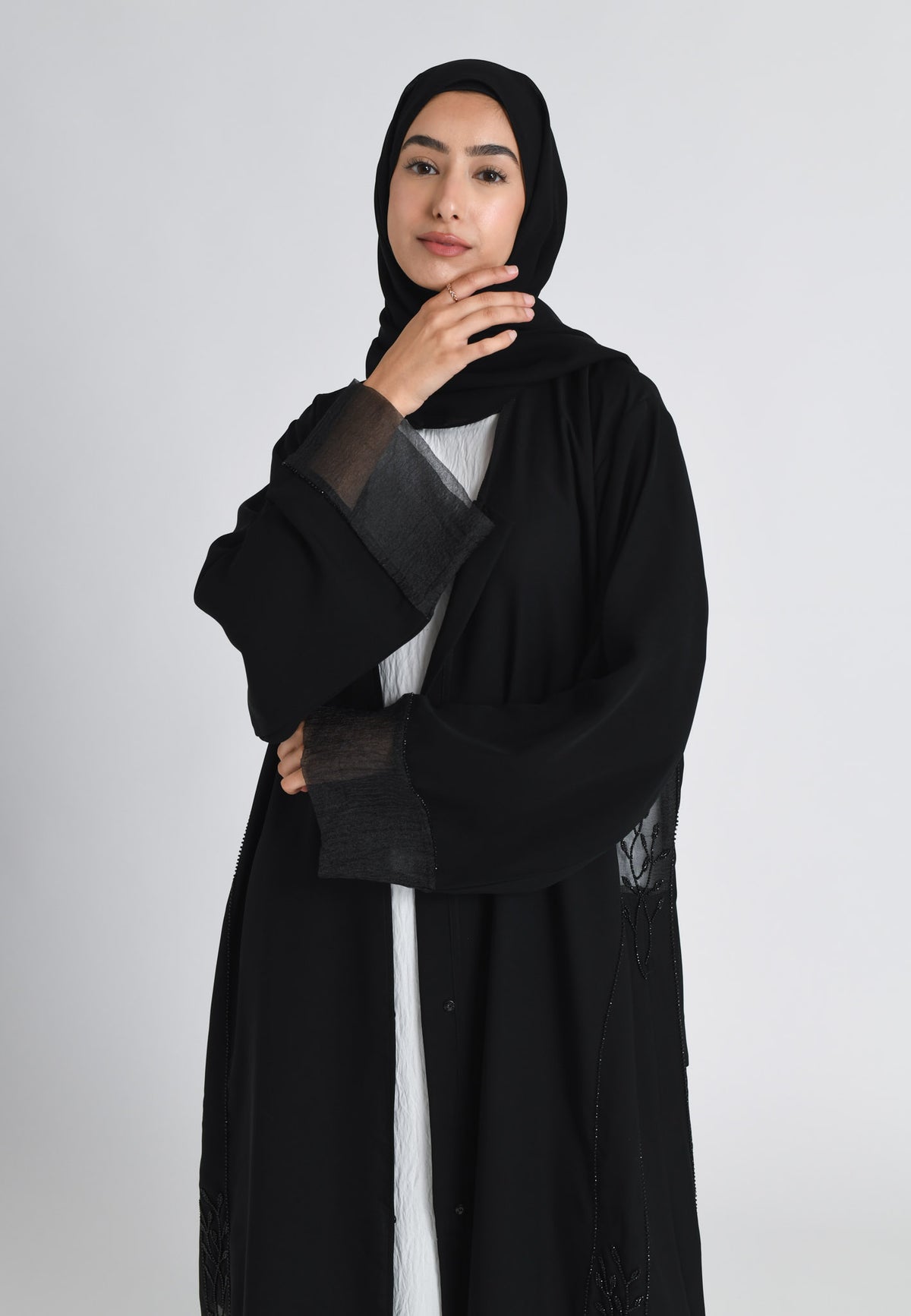 Black On Black Khaleeji Organza Accent Open Abaya