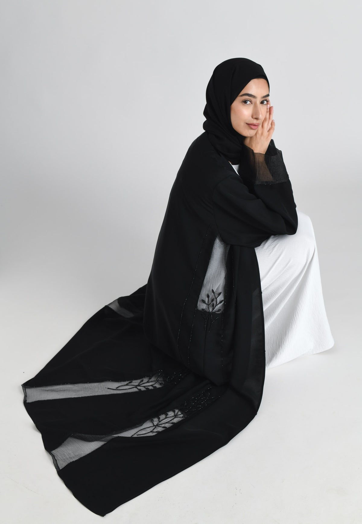 Black On Black Khaleeji Organza Accent Open Abaya