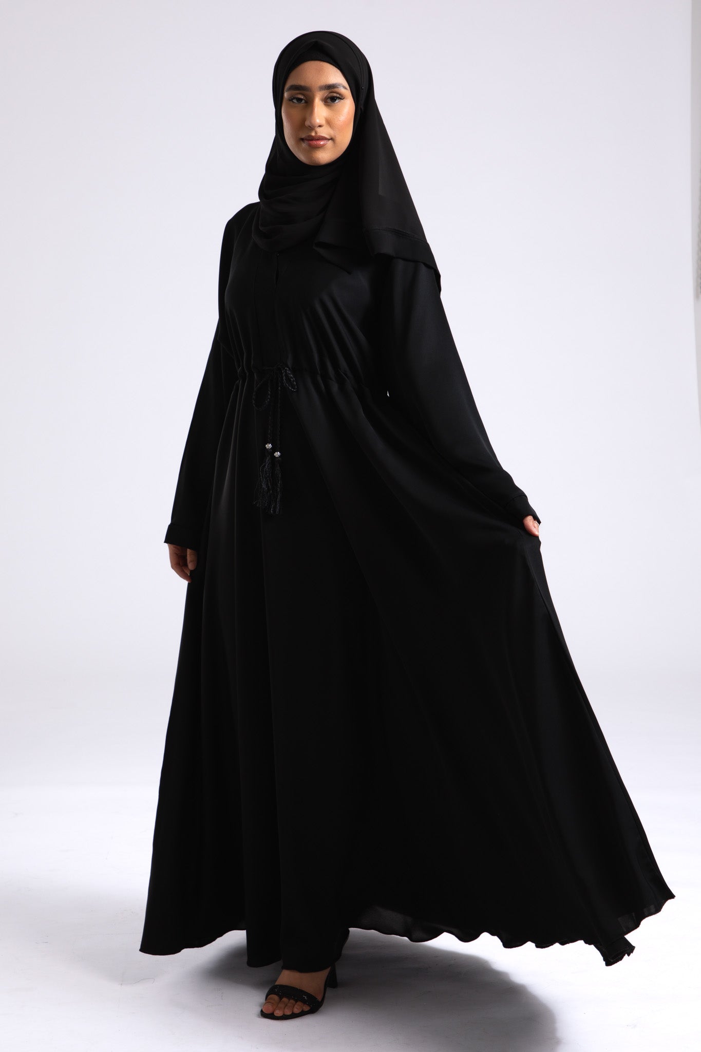 Plain Black Umbrella Cut Abaya With Inner Belt Premium