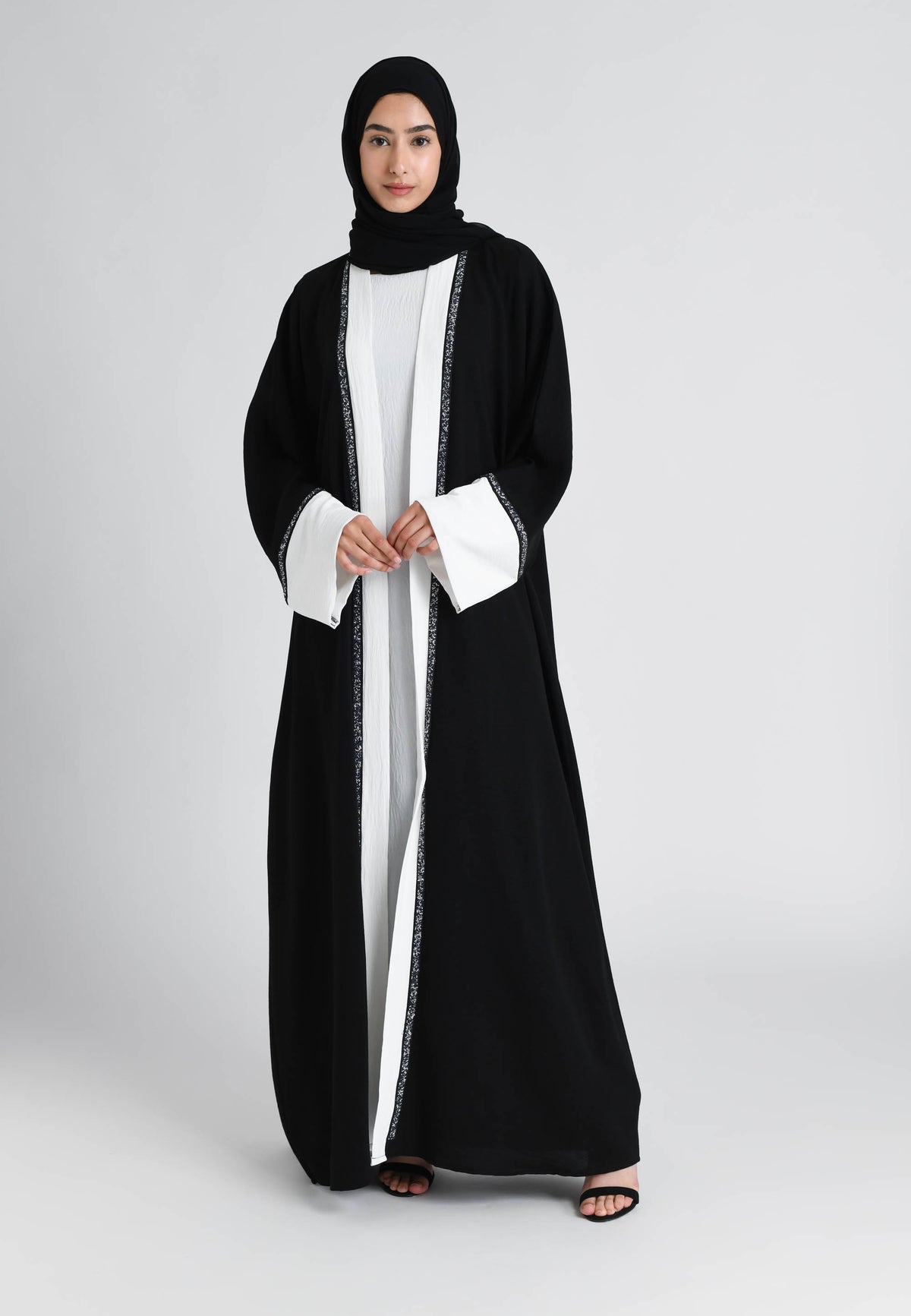 Black & White 2 Piece Kimono Open Abaya