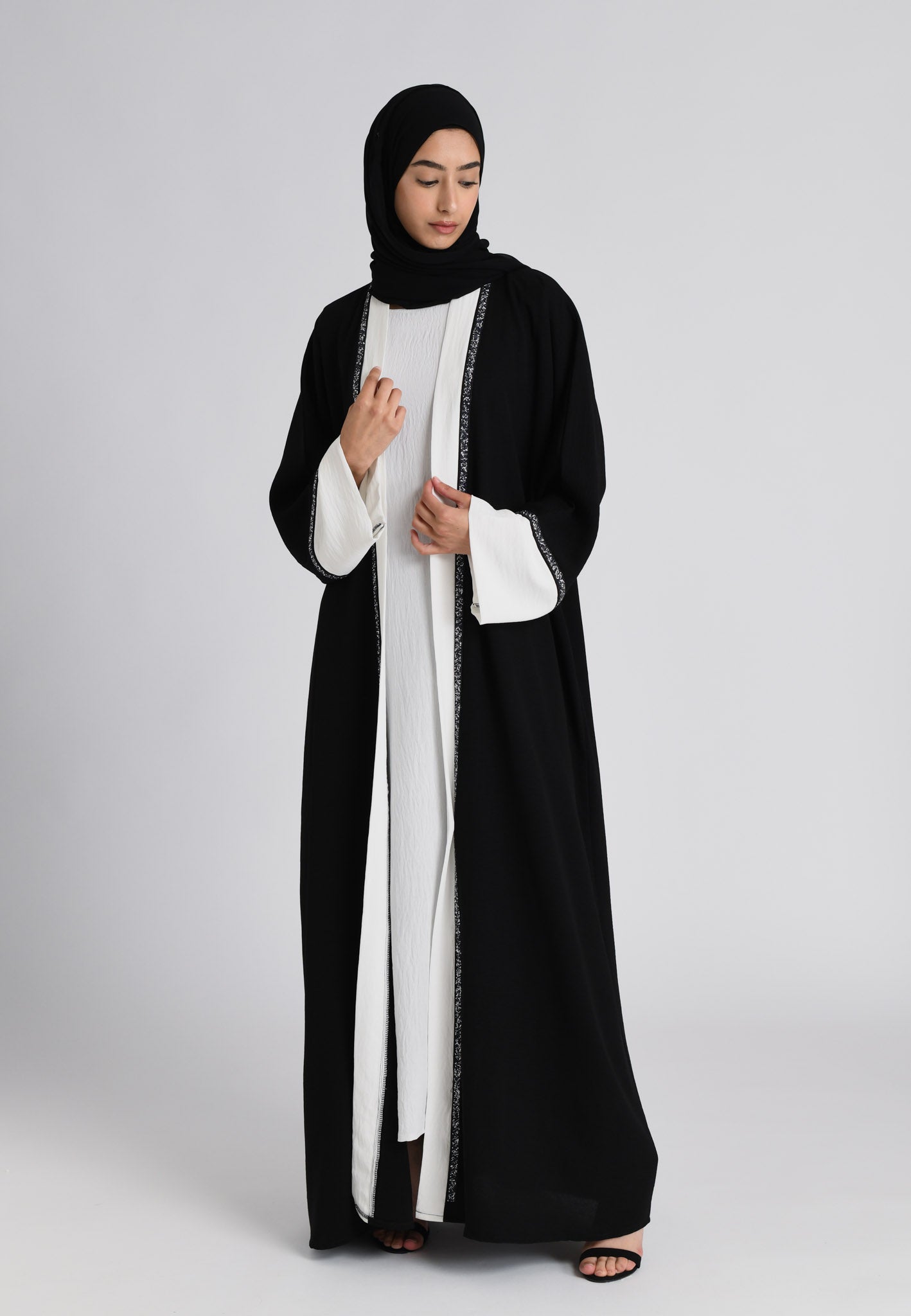 Black & White 2 Piece Kimono Open Abaya | Hayah Al-Muslimah Online