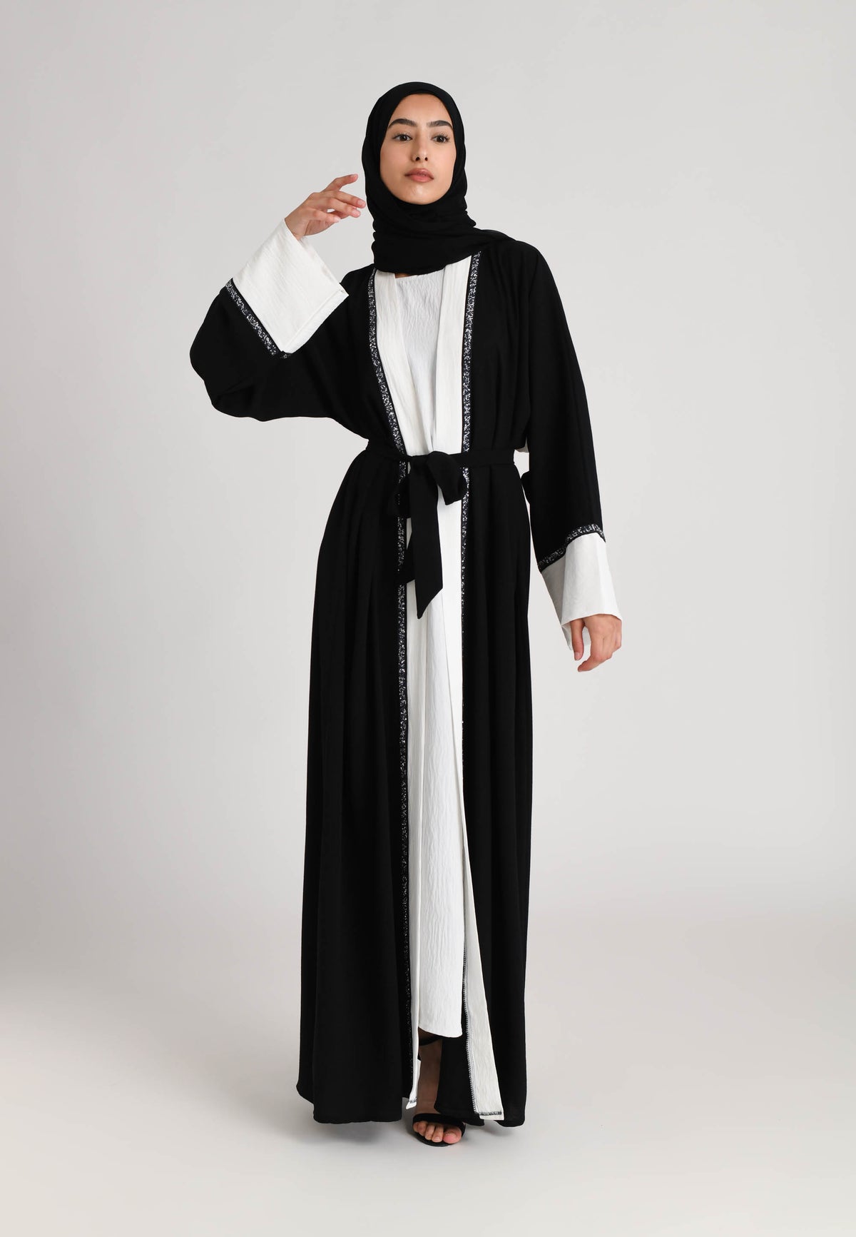 Black & White 2 Piece Kimono Open Abaya