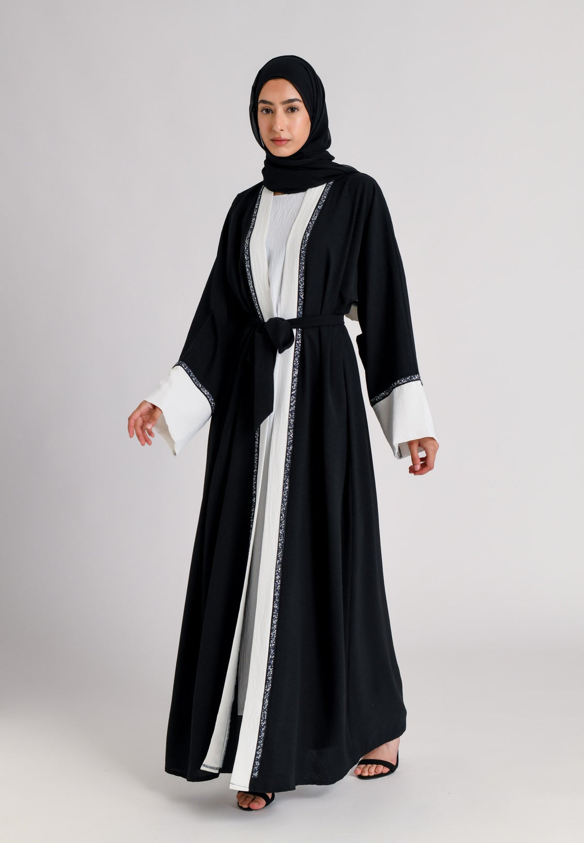 Black & White 2 Piece Kimono Open Abaya