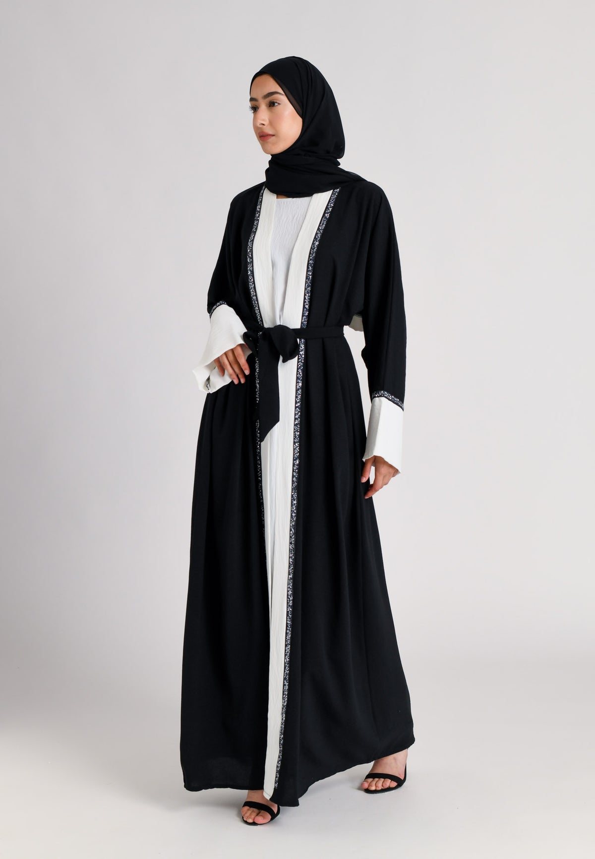 Black & White 2 Piece Kimono Open Abaya