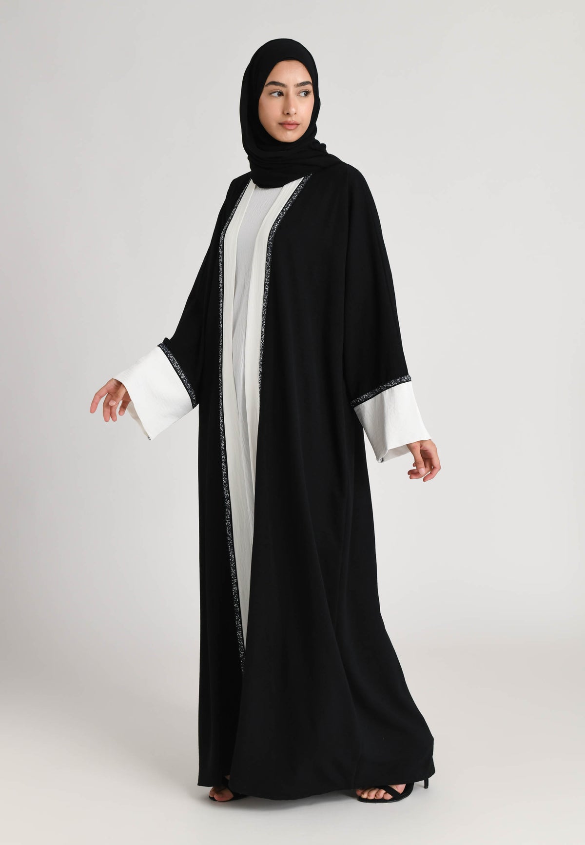Black & White 2 Piece Kimono Open Abaya