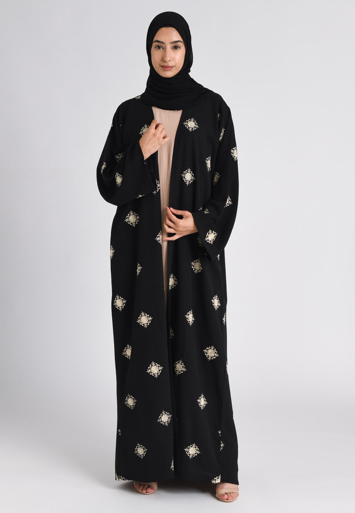 Black and Beige Regal Embroidered Abaya Set