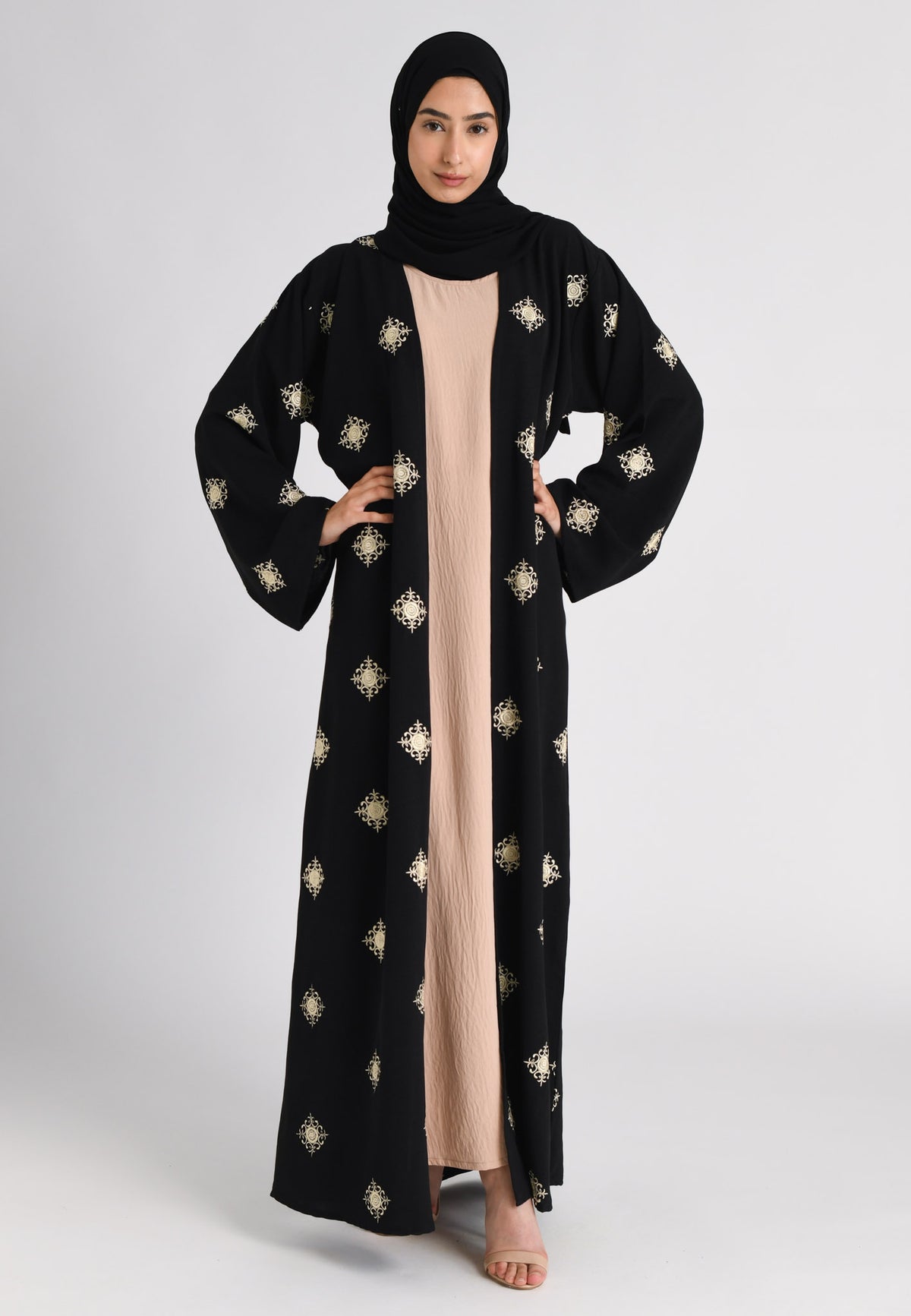 Black and Beige Regal Embroidered Abaya Set
