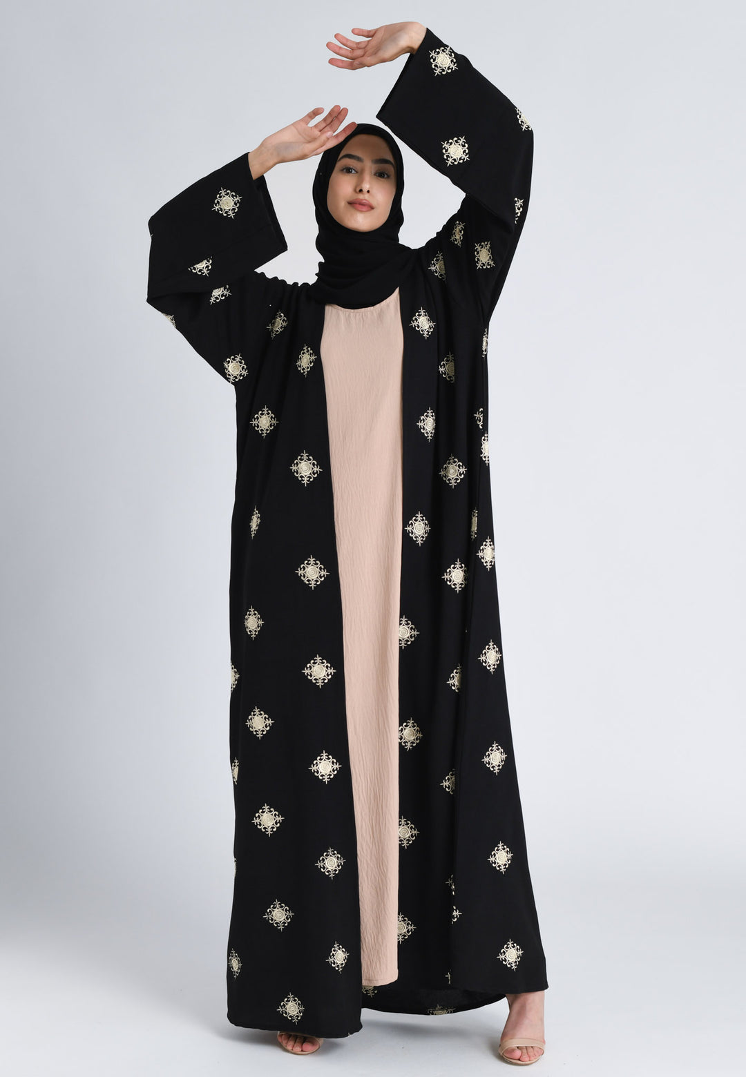 Black and Beige Regal Embroidered Abaya Set