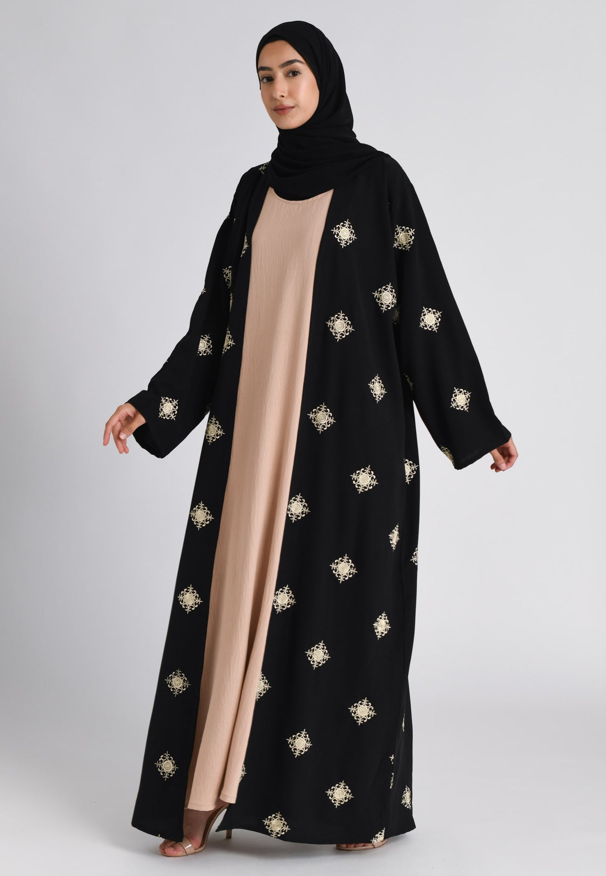 Black and Beige Regal Embroidered Abaya Set