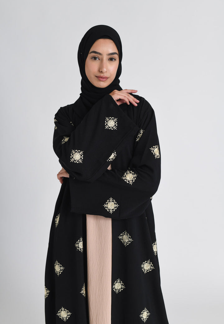 Black and Beige Regal Embroidered Abaya Set