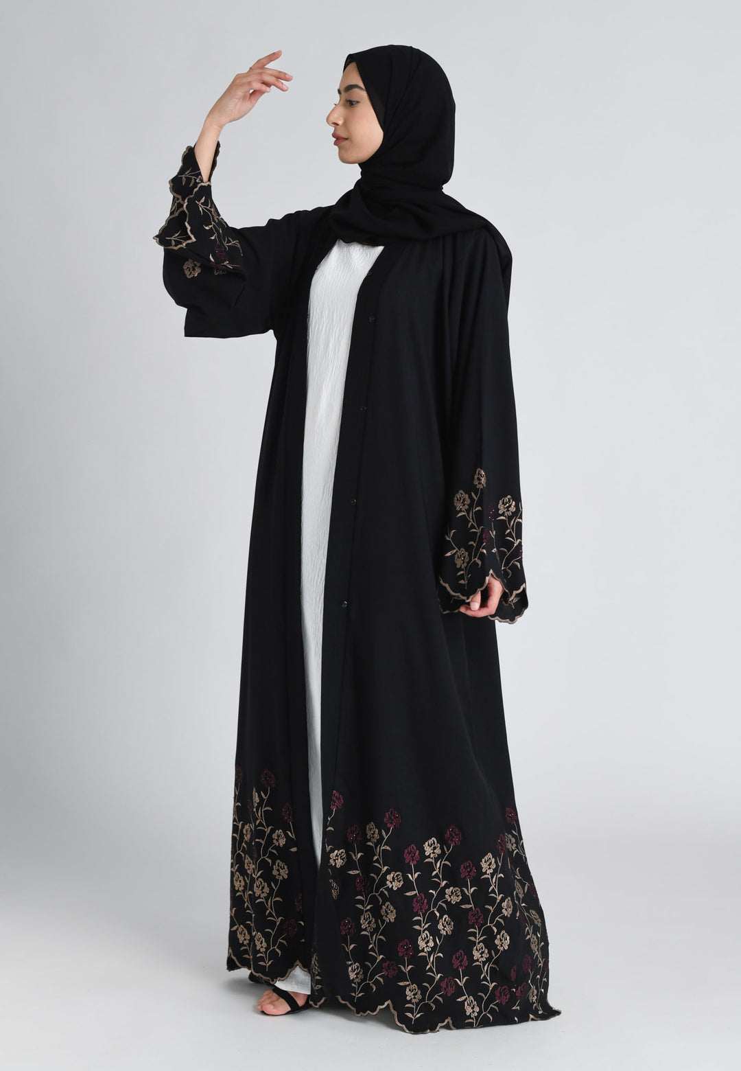 Blooming Roses Floral Embroidered Open Abaya