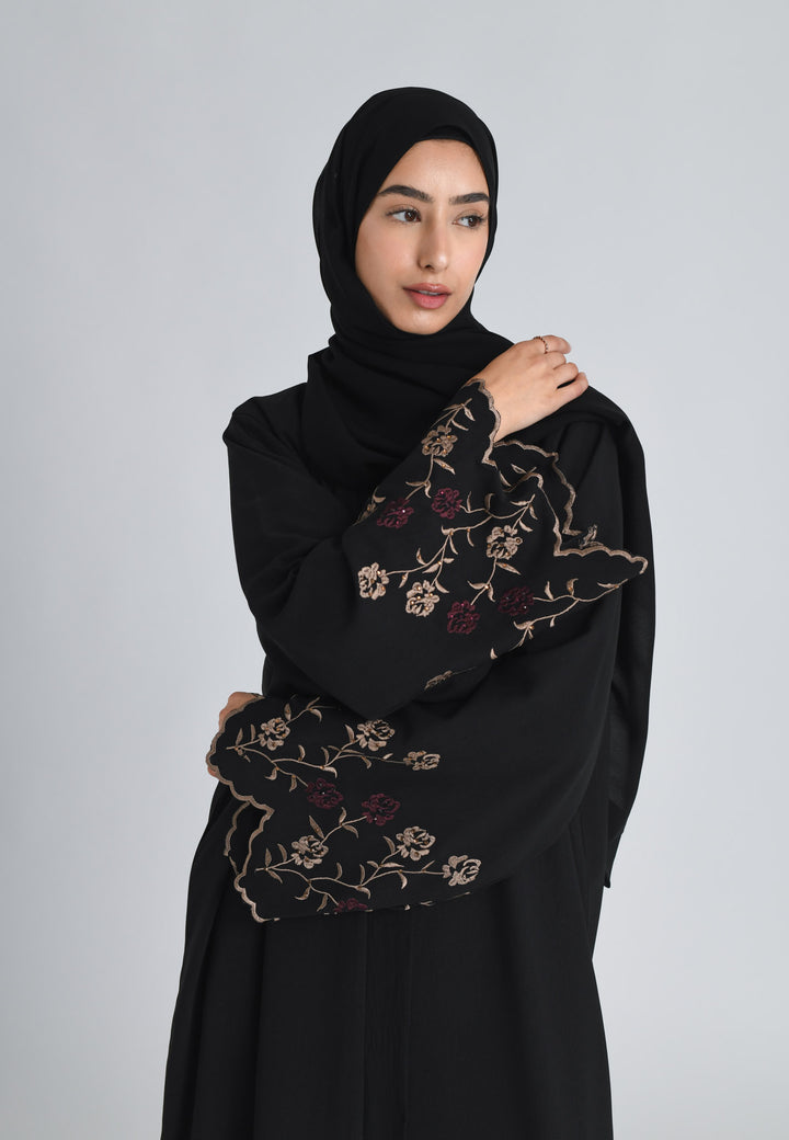 Blooming Roses Floral Embroidered Open Abaya