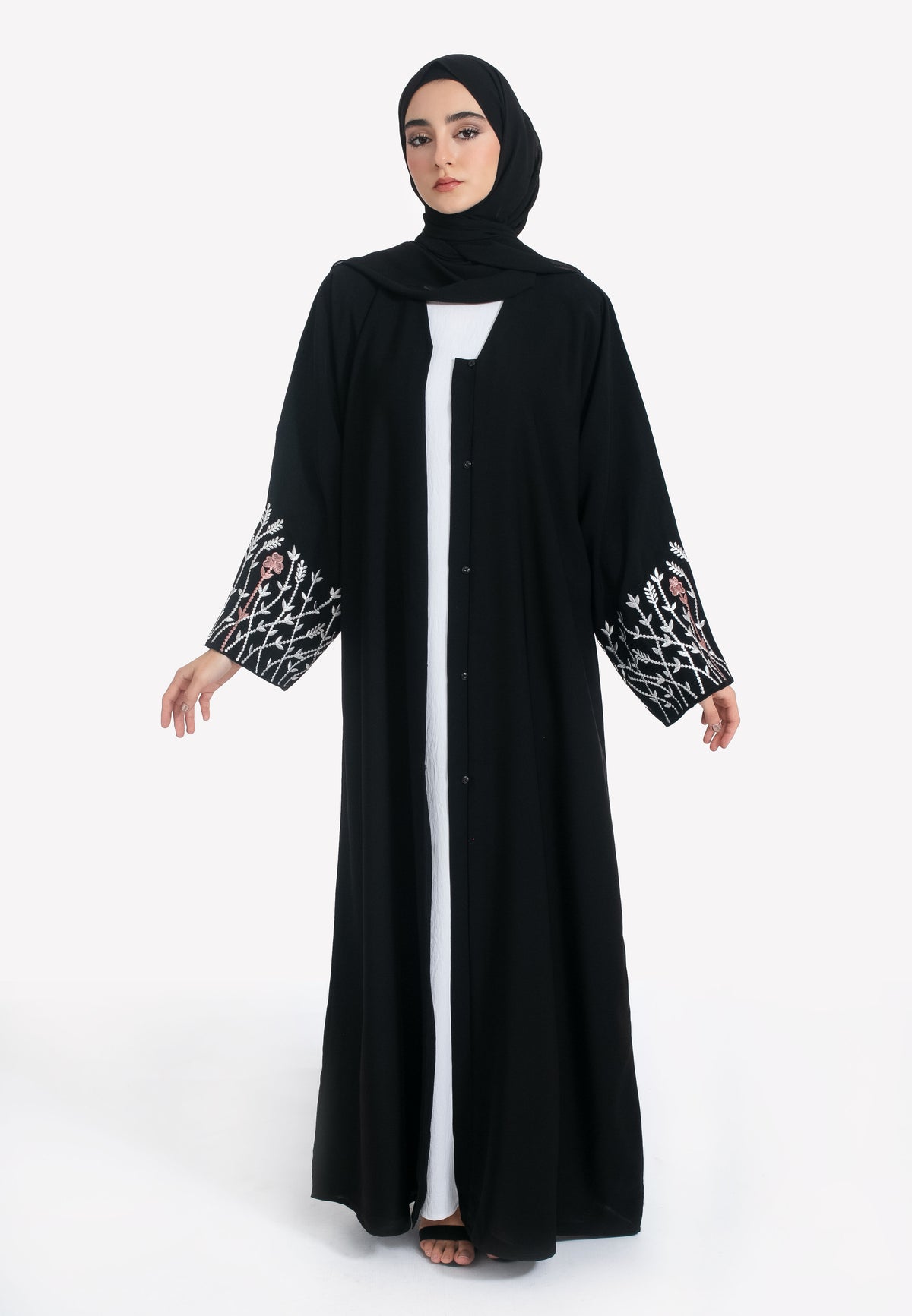 Blossom Embroidered Open Abaya - Front