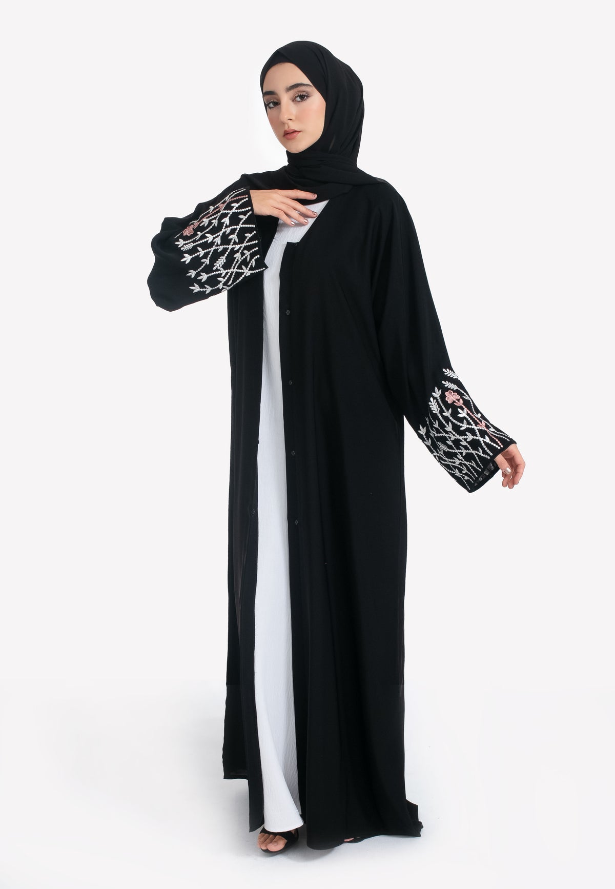 Blossom Embroidered Open Abaya - Front