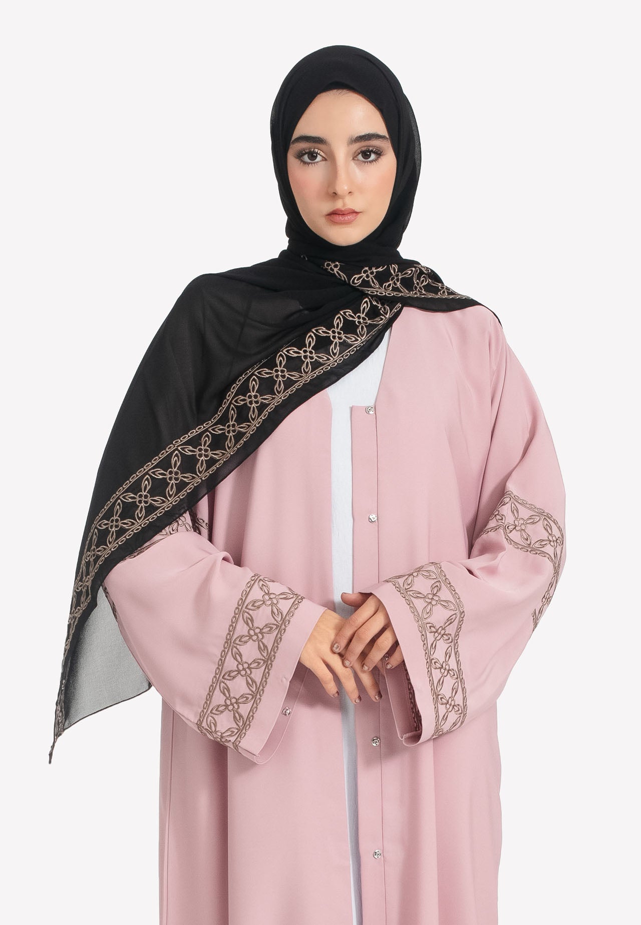 Blush Pink Open Abaya | Geometric Embroidery | Luxury Nida Fabric